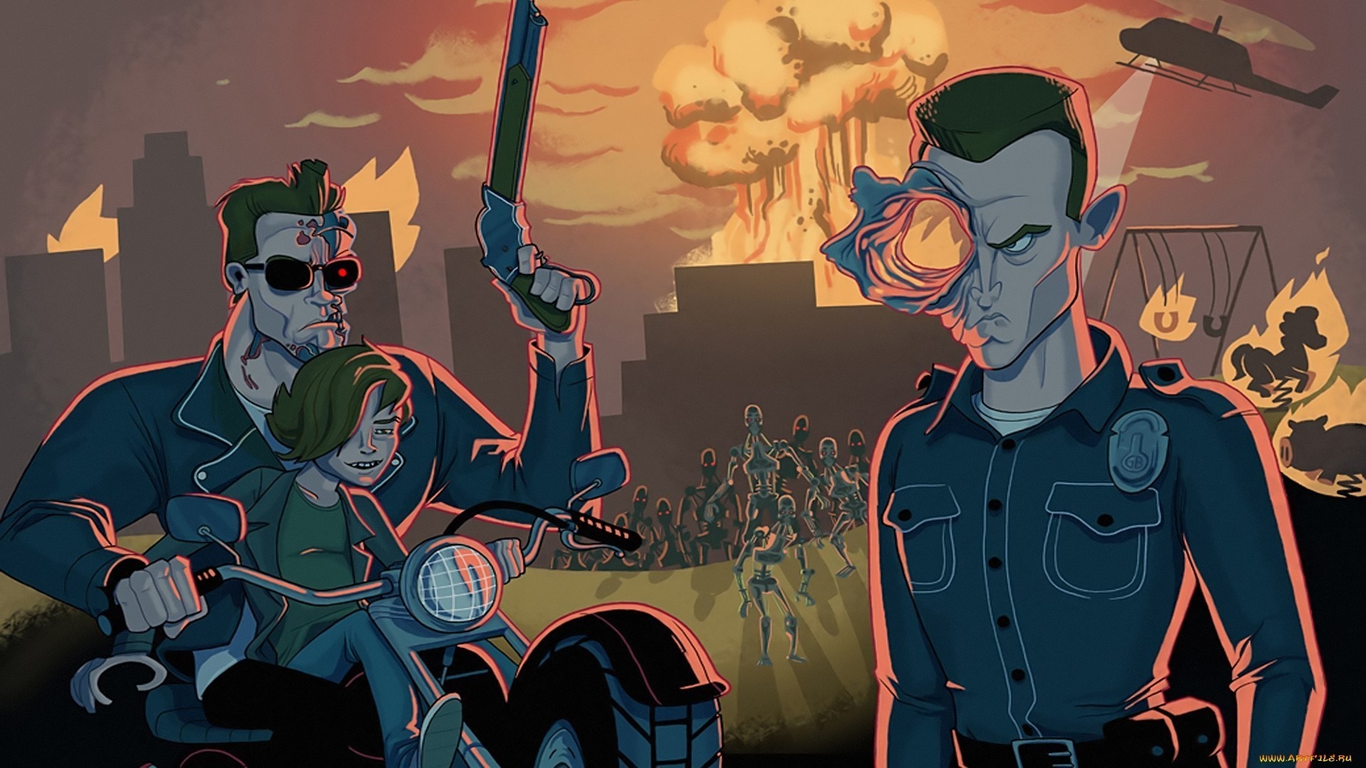 Terminator T-800 and John Connor on a motorcycle with T-1000 HD Wallpaper
