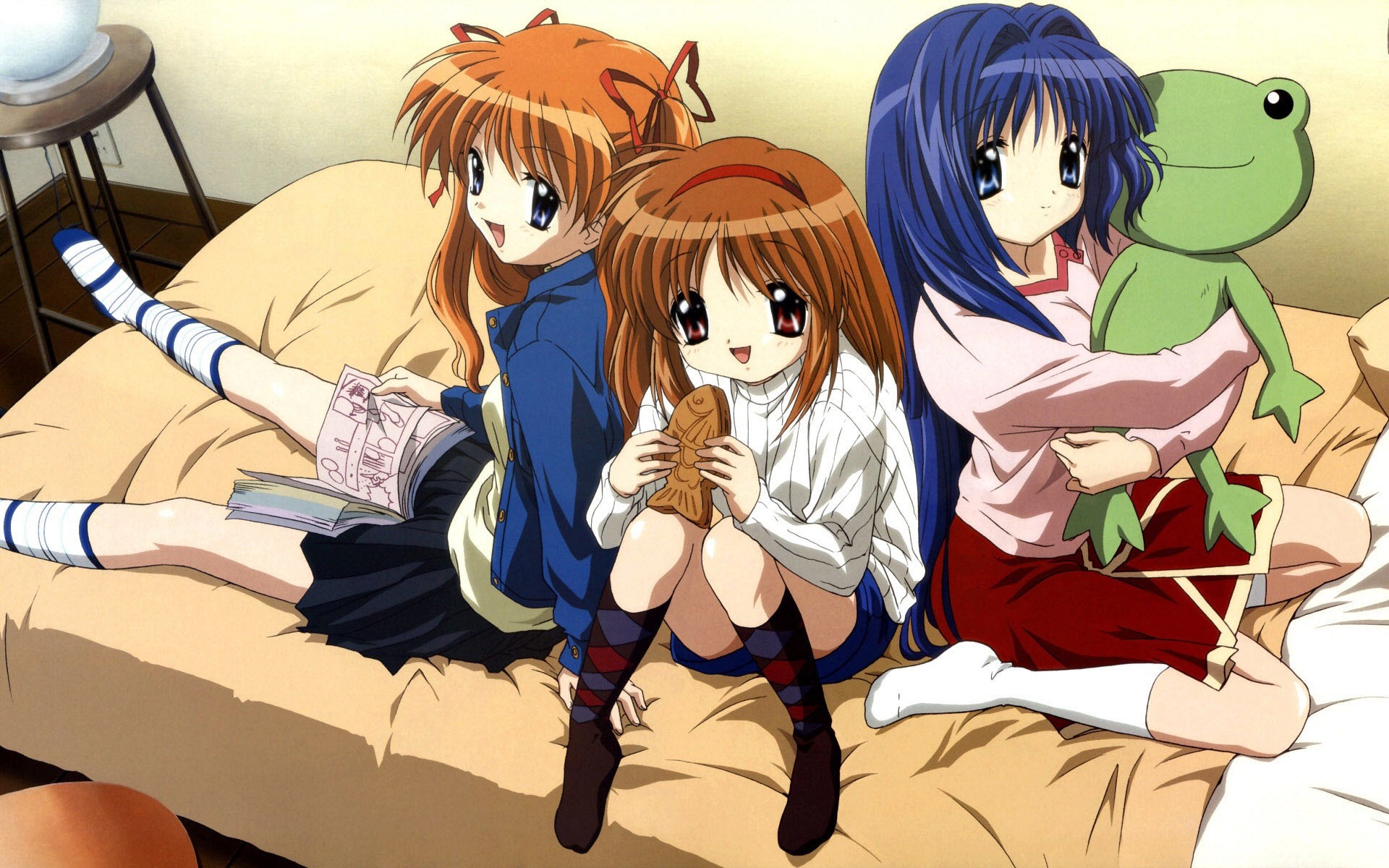 Three anime girls with a frog plushie HD Wallpaper