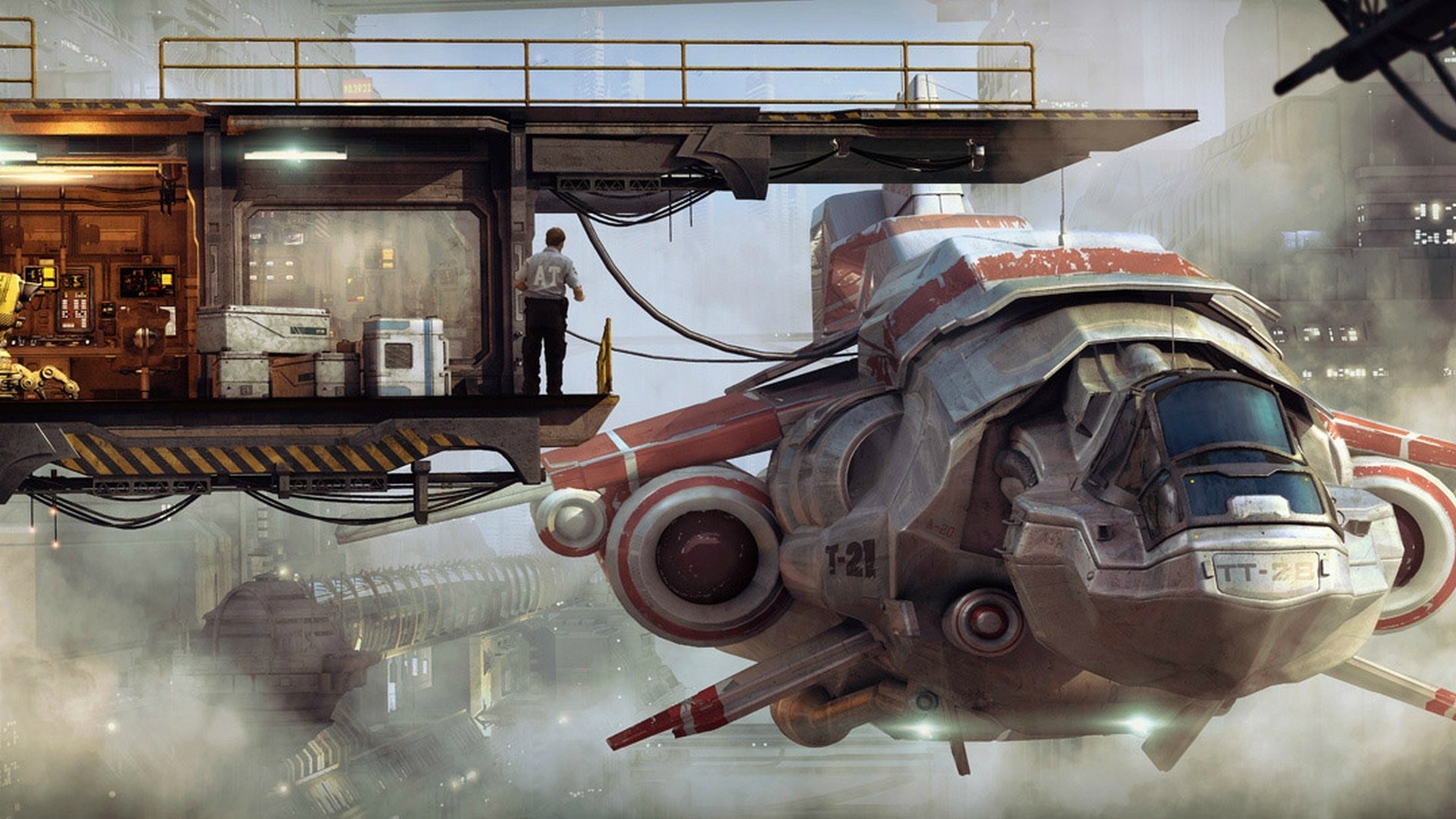 Futuristic vehicle docked at a futuristic station HD Wallpaper