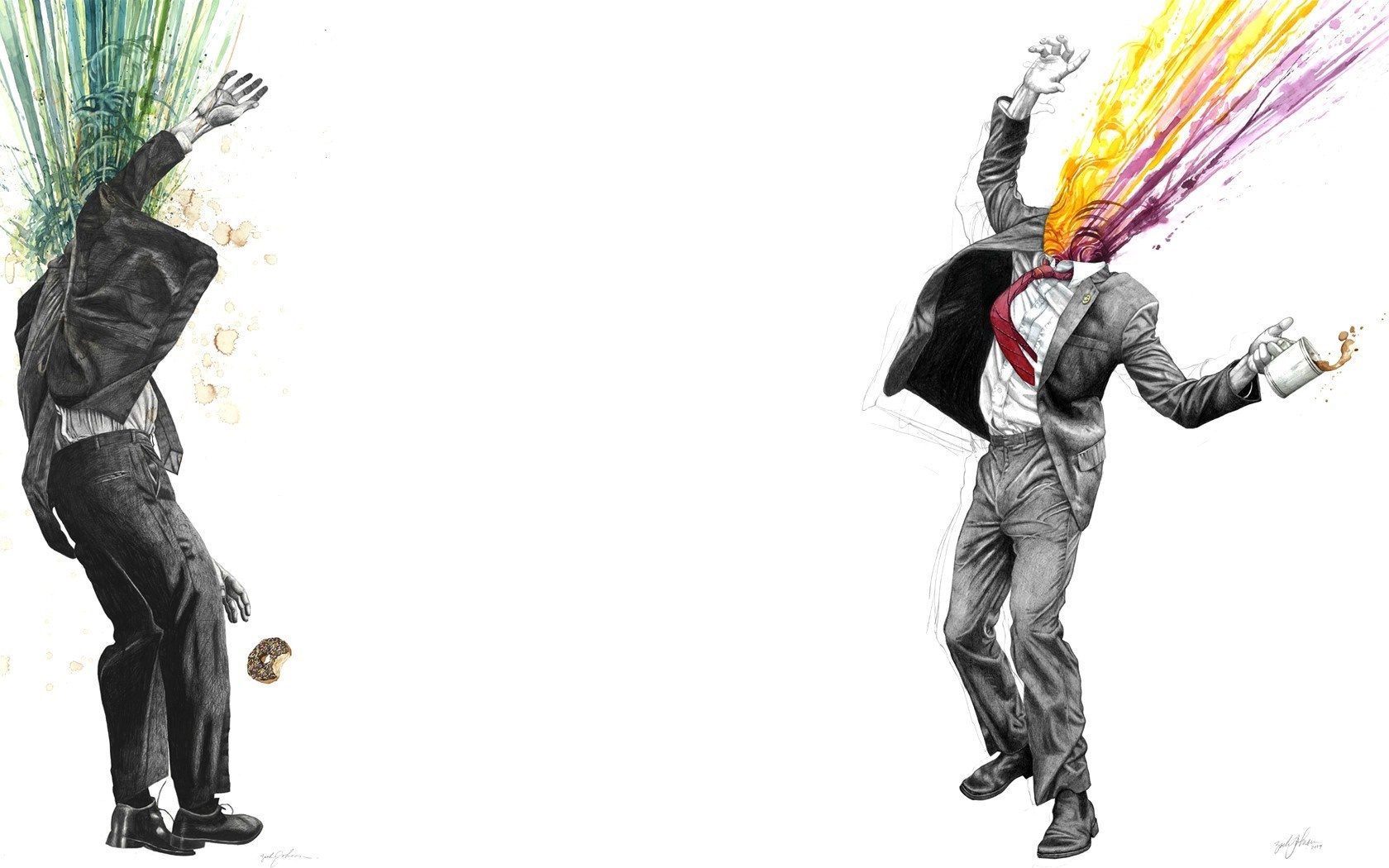Artwork of two men in suits with exploding heads HD Wallpaper