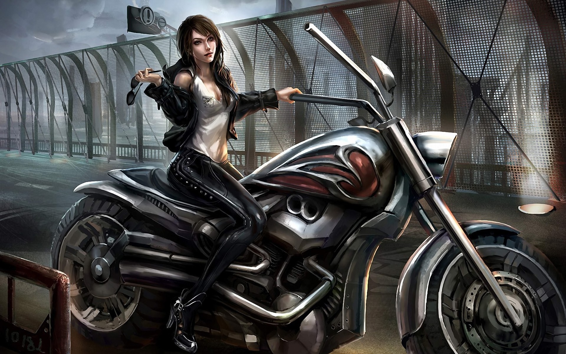 Woman on a motorcycle in a futuristic city HD Wallpaper