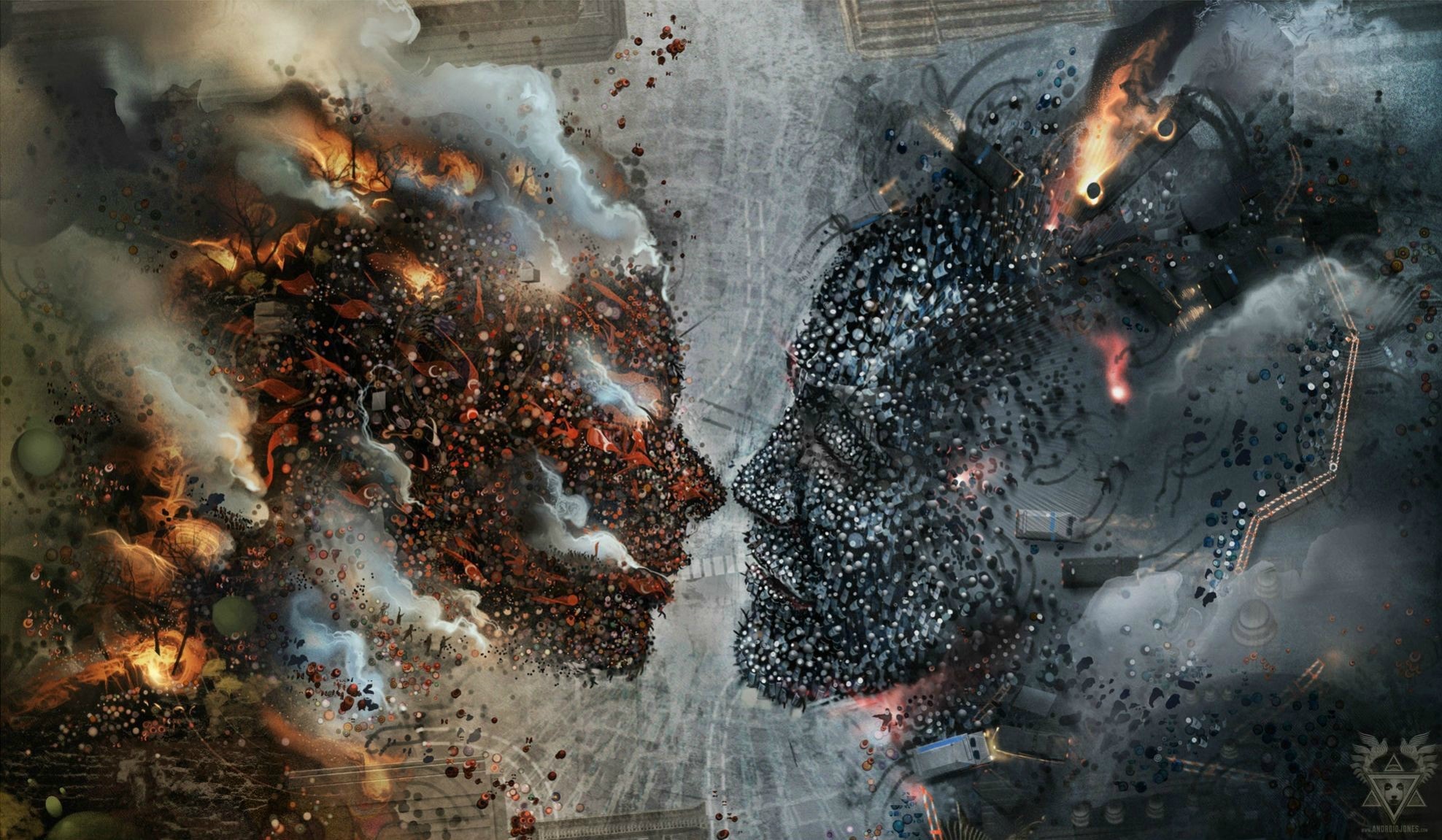 Digital art of two faces made of debris and fire HD Wallpaper