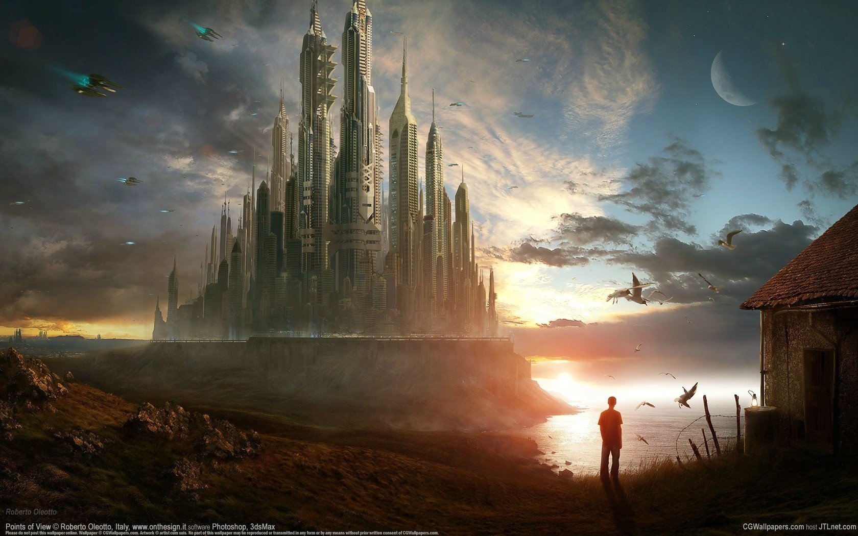 Futuristic Cityscape at Sunset with Flying Vehicles HD Wallpaper
