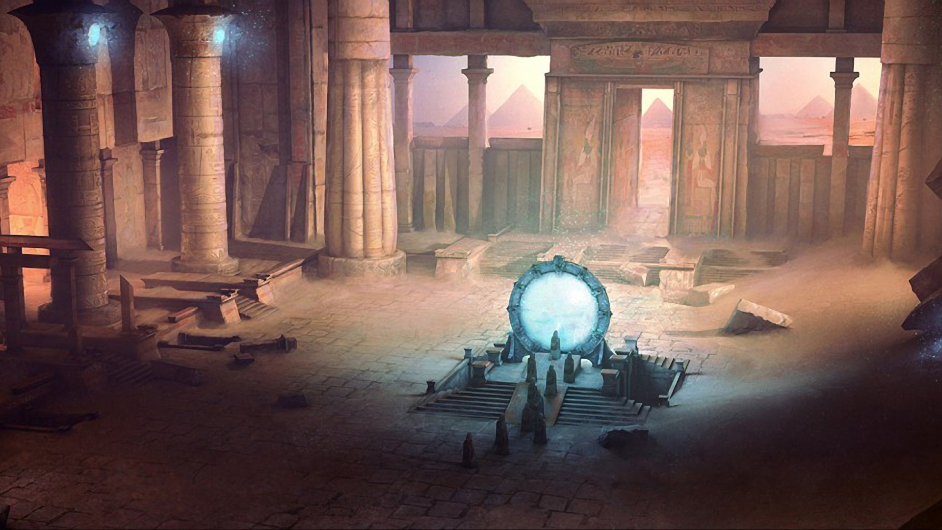 Ancient Egyptian temple with Stargate and pyramids HD Wallpaper