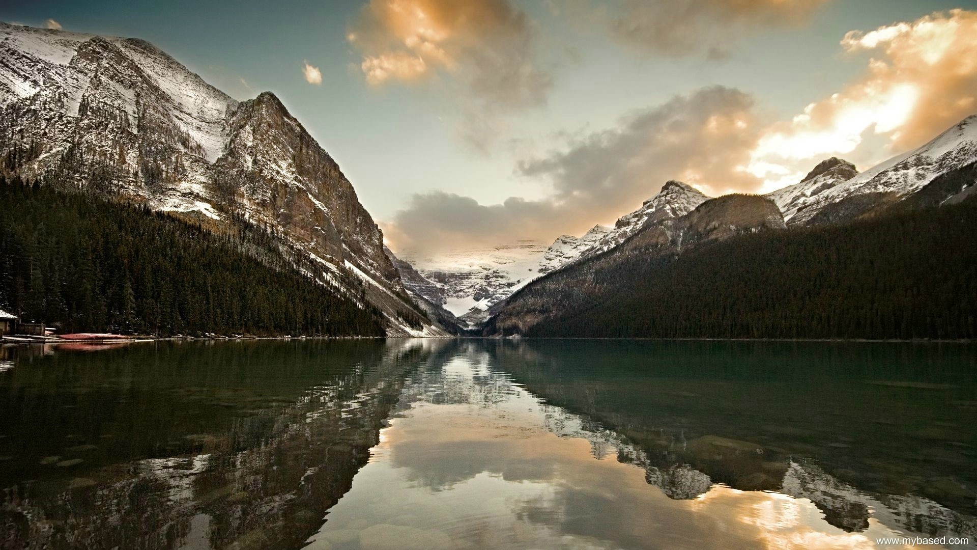 Lake reflection of snow-capped mountains and forest HD Wallpaper