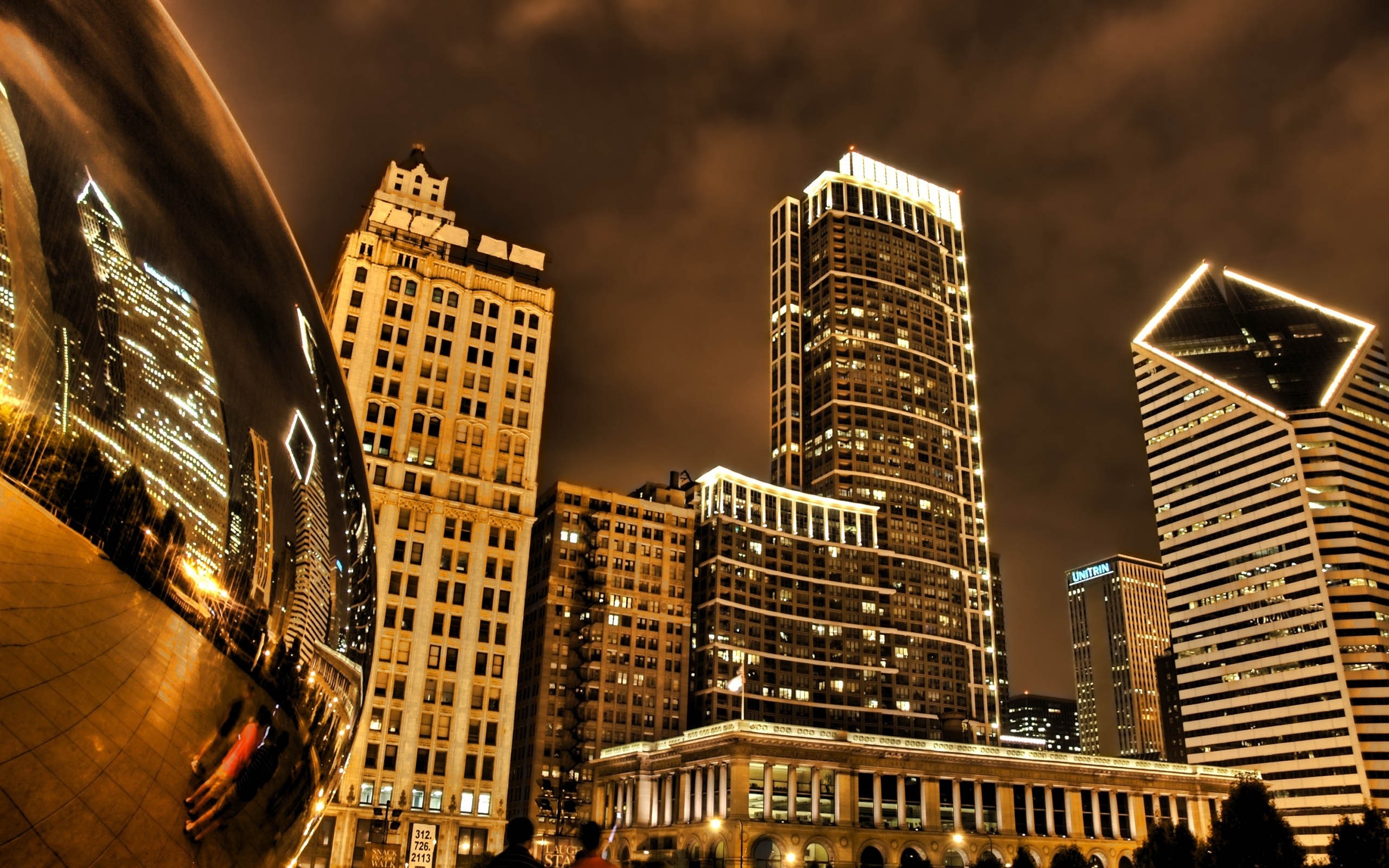 Chicago cityscape at night with reflections HD Wallpaper