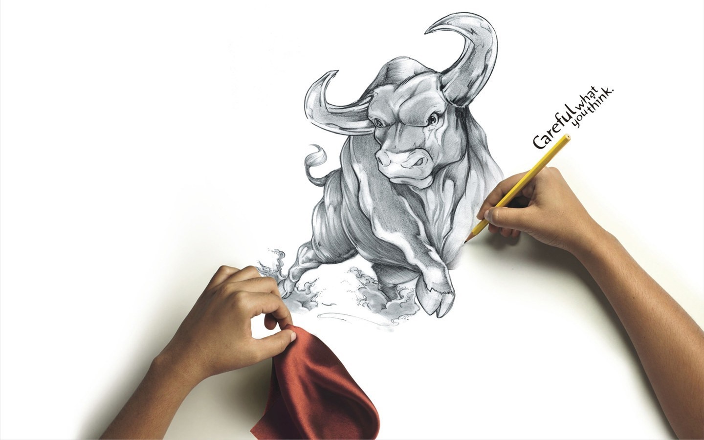 Drawing of a bull with hands and pencil HD Wallpaper