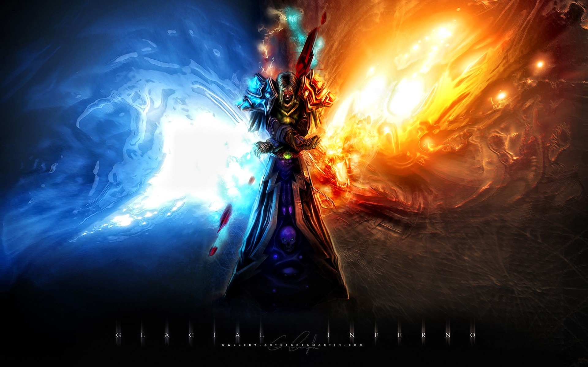 Fantasy character wielding fire and ice magic HD Wallpaper