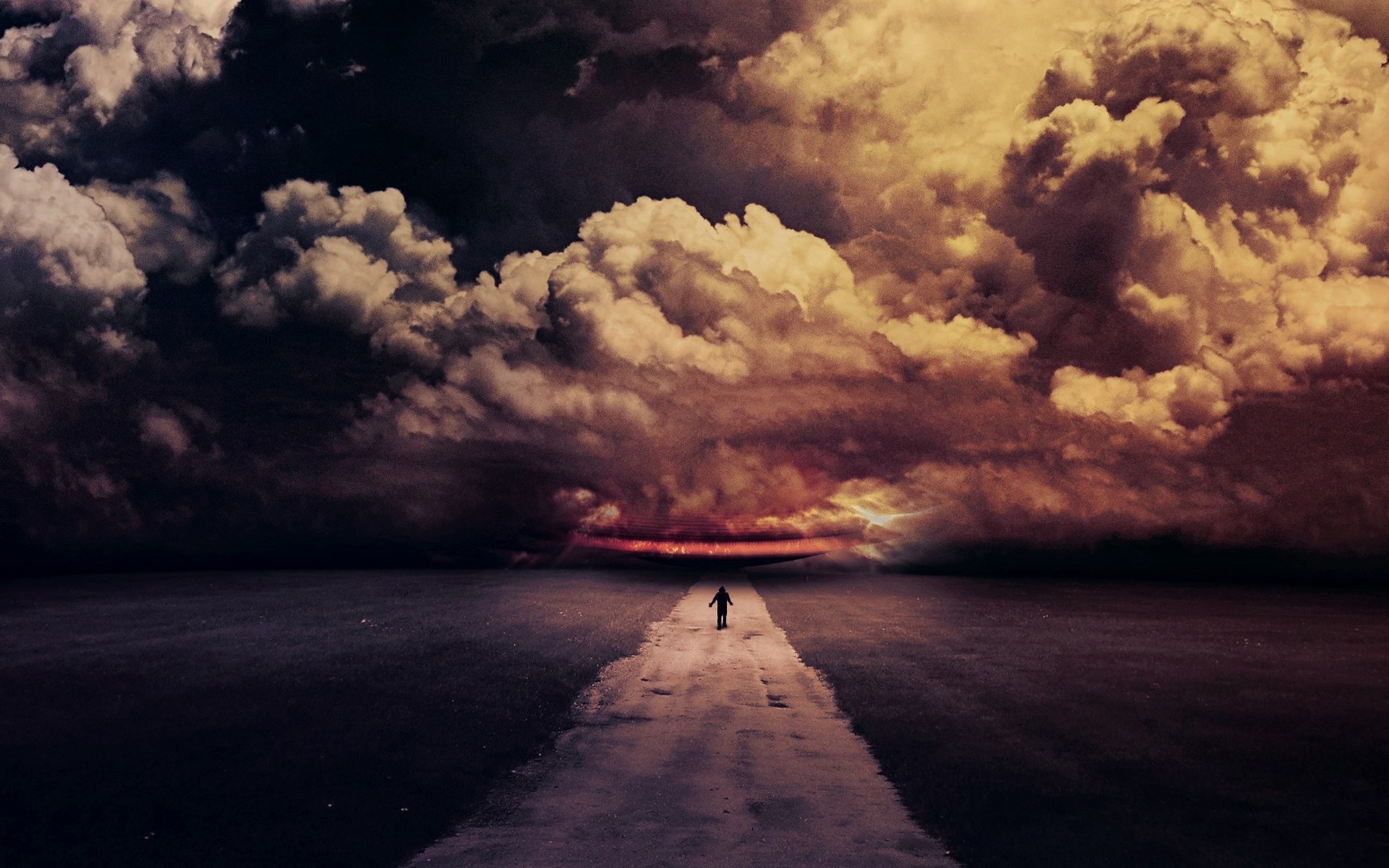 Person walking on a road towards a stormy sunset over the sea HD Wallpaper