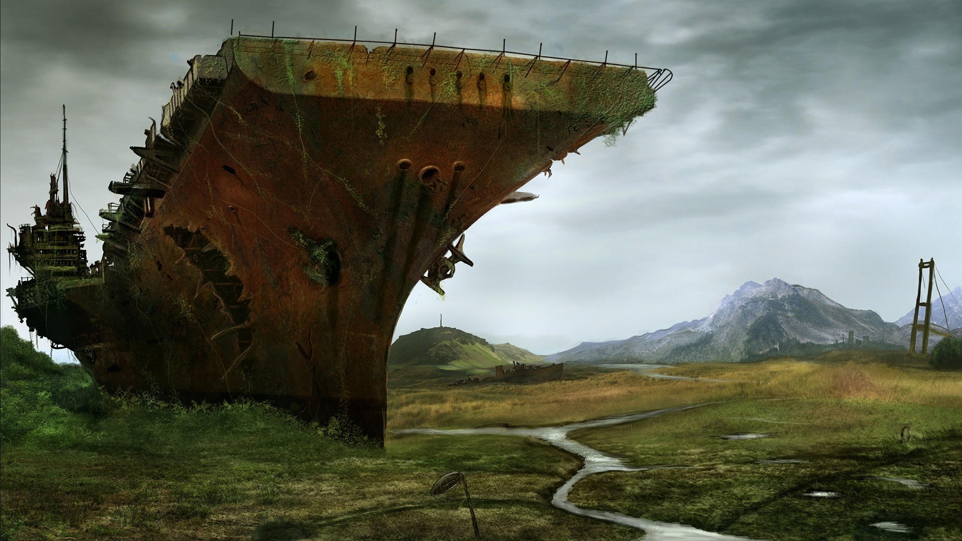 Ruined aircraft carrier stranded on land with mountains and bridge HD Wallpaper