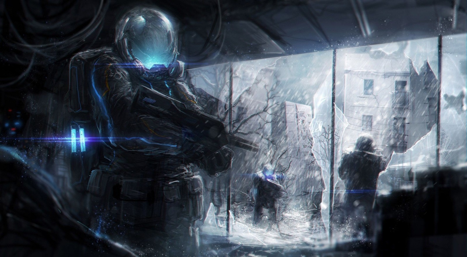 Soldier in futuristic armor with a rifle in a ruined city HD Wallpaper