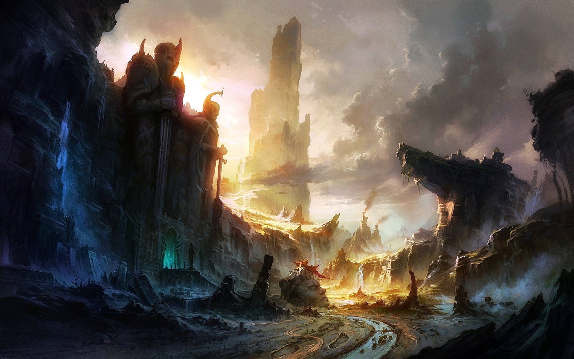 Ghost ship in a snowy, rocky landscape with flares HD Wallpaper