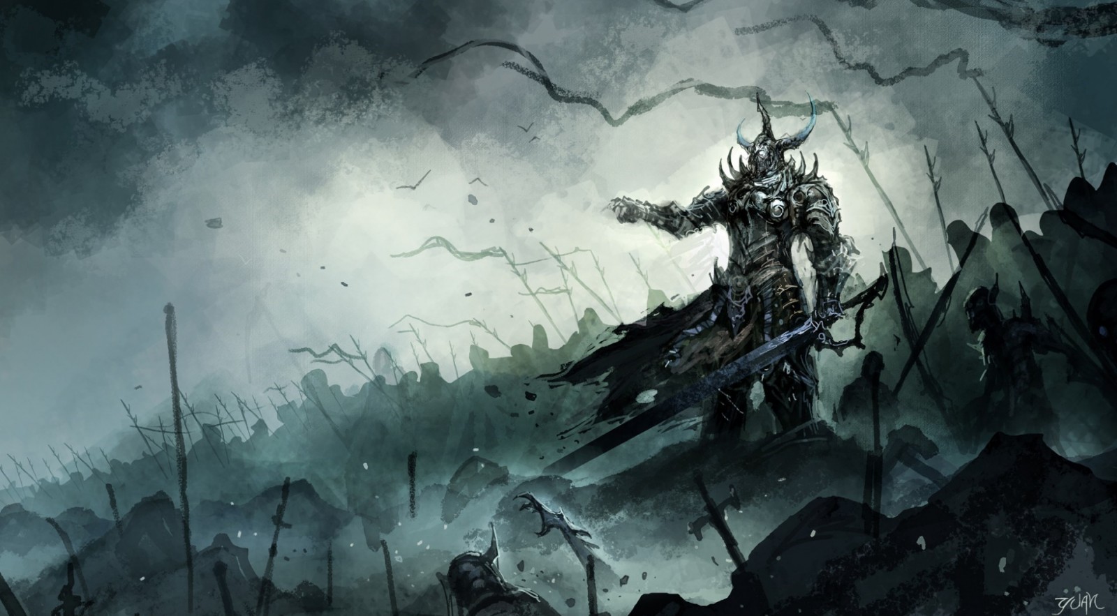 Fantasy warrior in dark armor leading an army HD Wallpaper