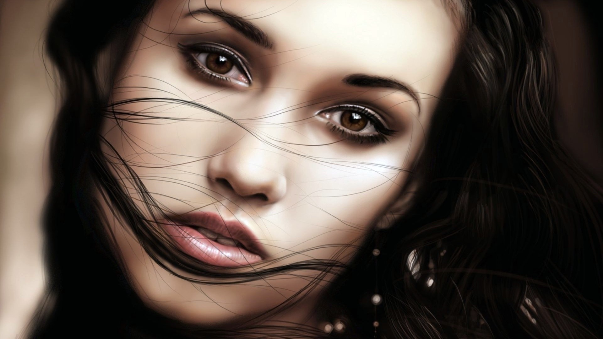 Digital art portrait of a woman with brown eyes and dark hair HD Wallpaper