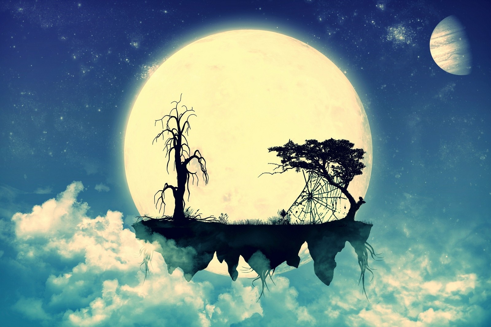 Floating island with trees under a large moon HD Wallpaper
