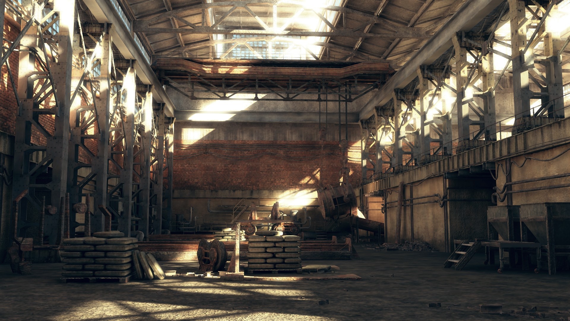 Interior of an abandoned industrial factory with sunlight HD Wallpaper