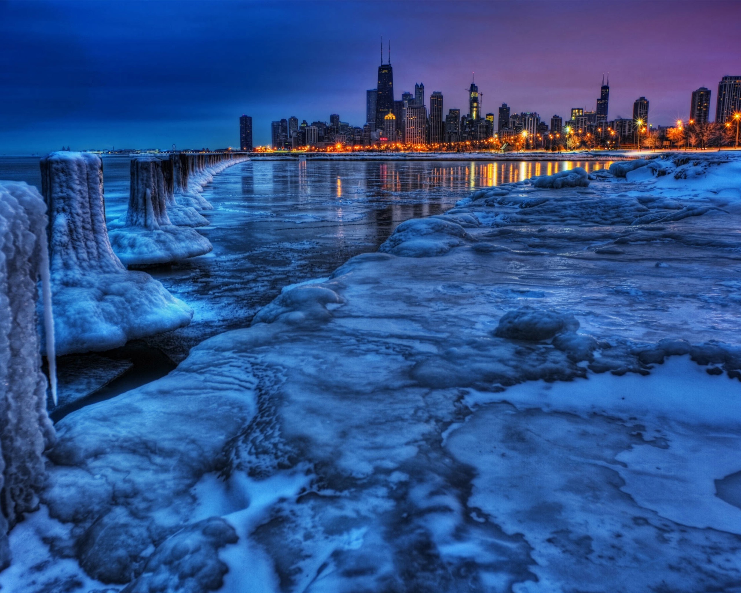 Chicago Skyline at Dusk in Winter with Ice HD Wallpaper