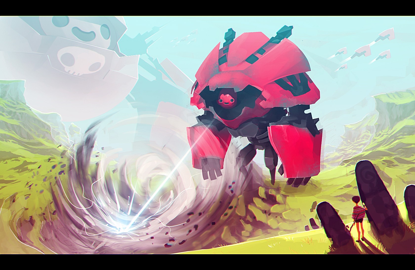 Giant robot and flying pigs in a surreal landscape HD Wallpaper