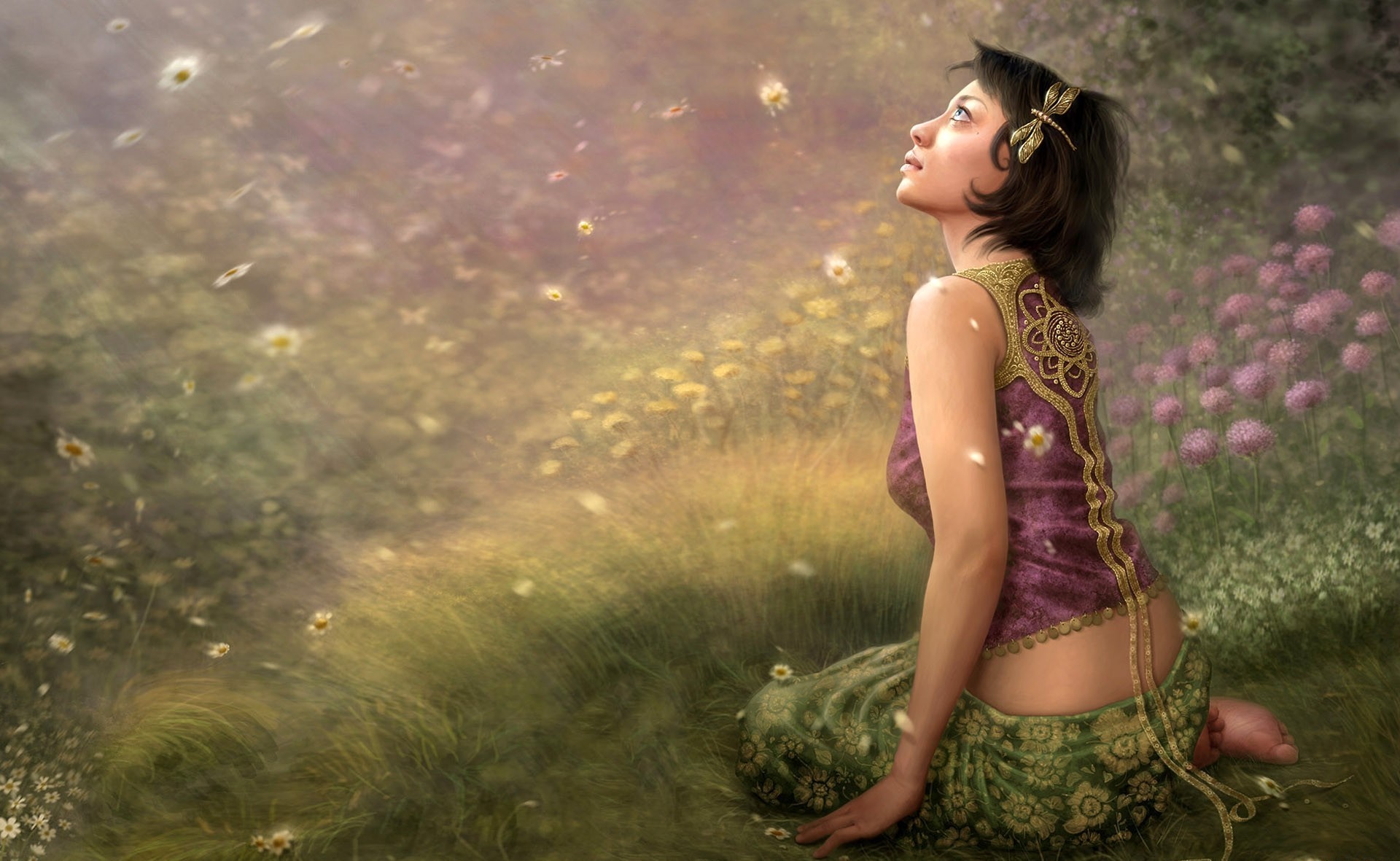 Woman in a field with flowers HD Wallpaper
