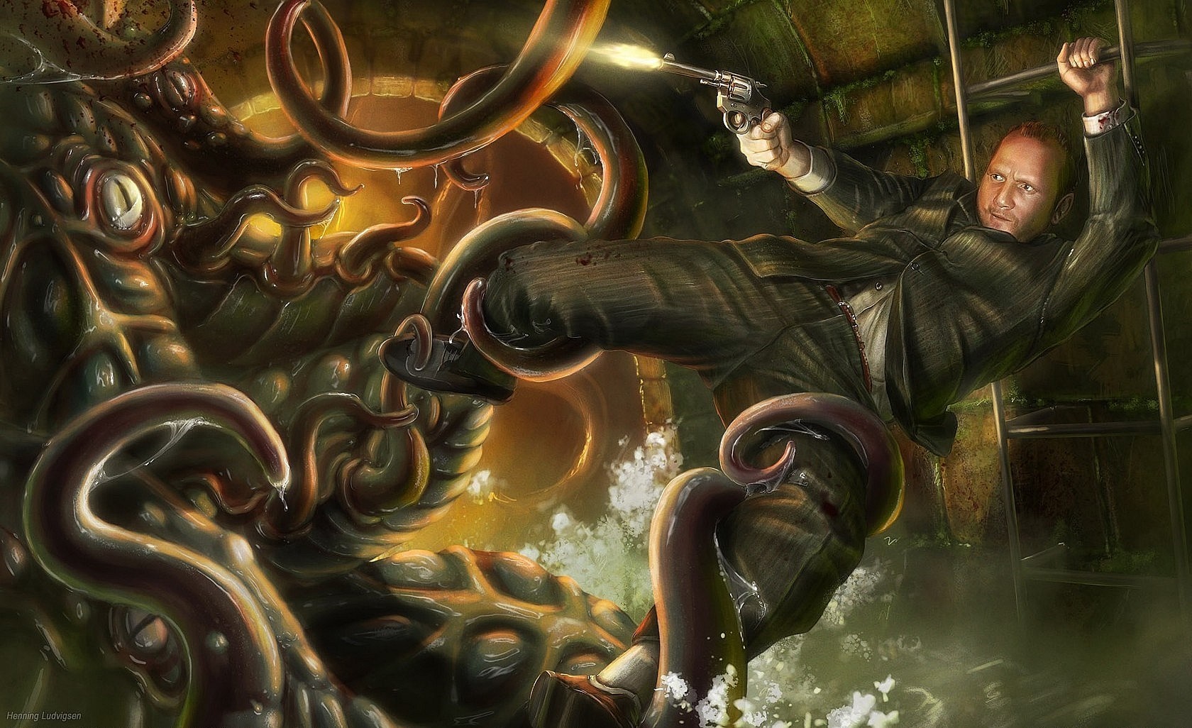 Man fighting a giant tentacled monster with a gun HD Wallpaper