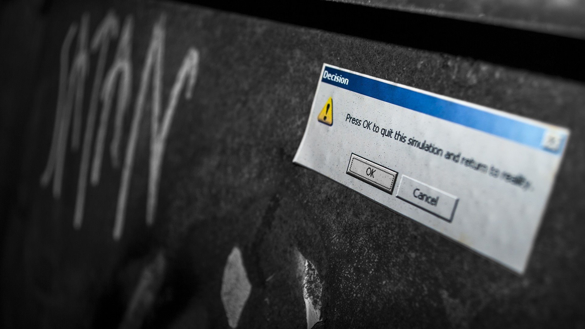 Decision dialog box sticker on a dark surface HD Wallpaper