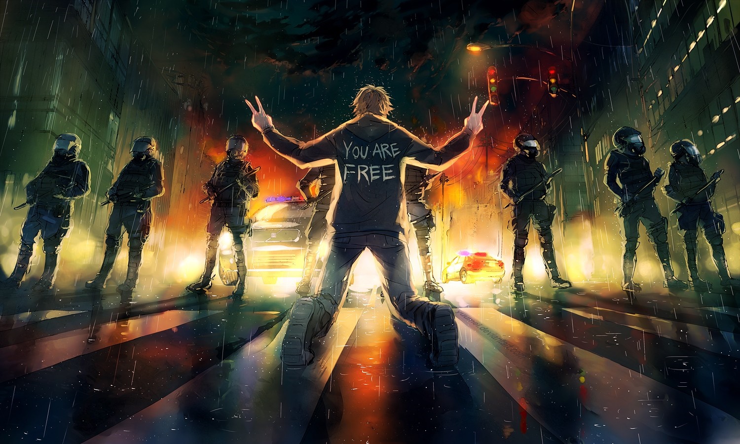 Artwork of a man with 'You Are Free' on his hoodie facing police HD Wallpaper