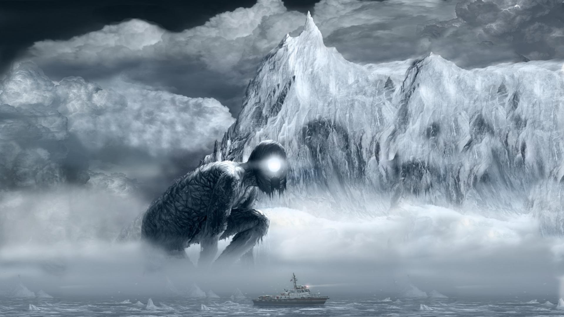 Giant creature in icy mountains with a ship HD Wallpaper