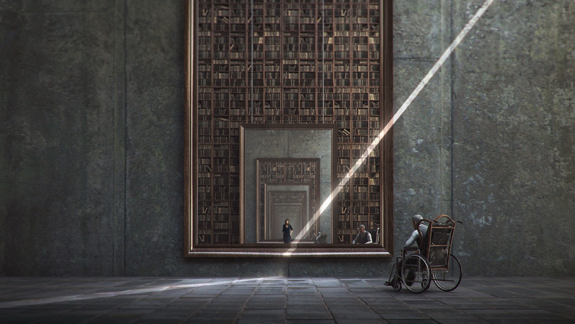 Man in wheelchair in front of a mirror with infinite reflections HD Wallpaper