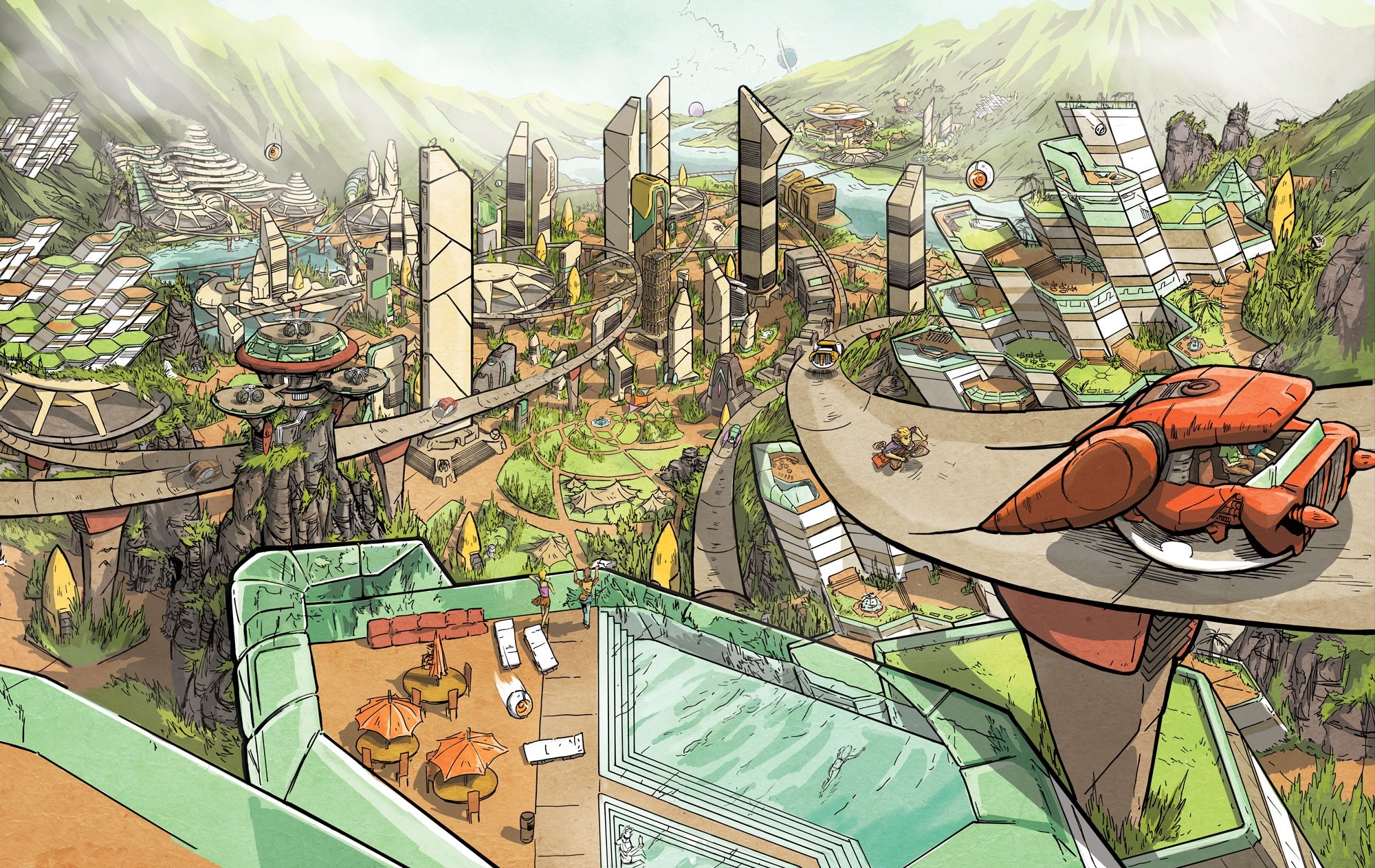 Futuristic city with hovercraft and jungle landscape HD Wallpaper