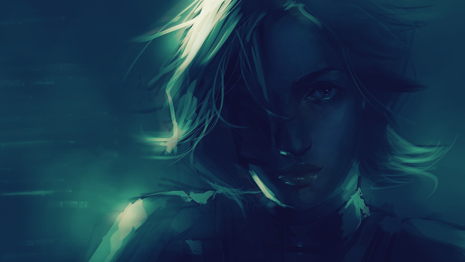 Artwork of a woman's face in blue and green tones HD Wallpaper