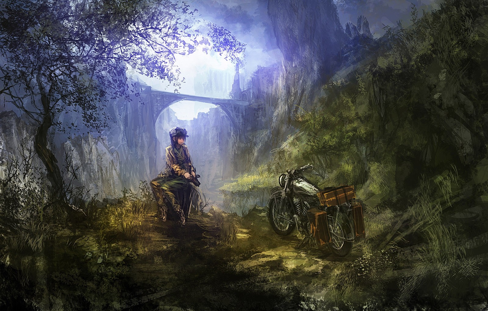 Girl with motorcycle near bridge in forest HD Wallpaper