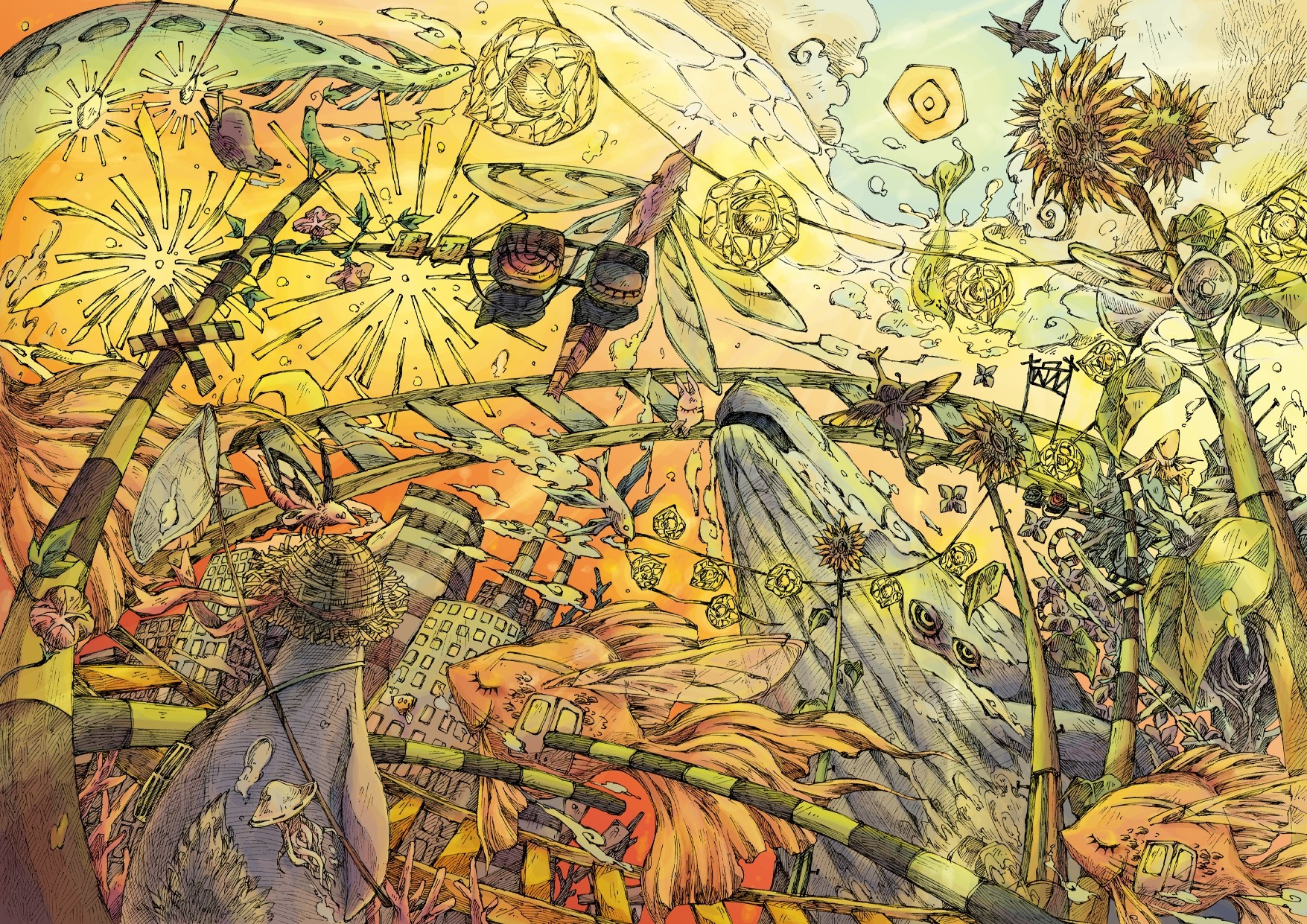 Surreal illustration of a fantastical landscape with creatures and plants HD Wallpaper