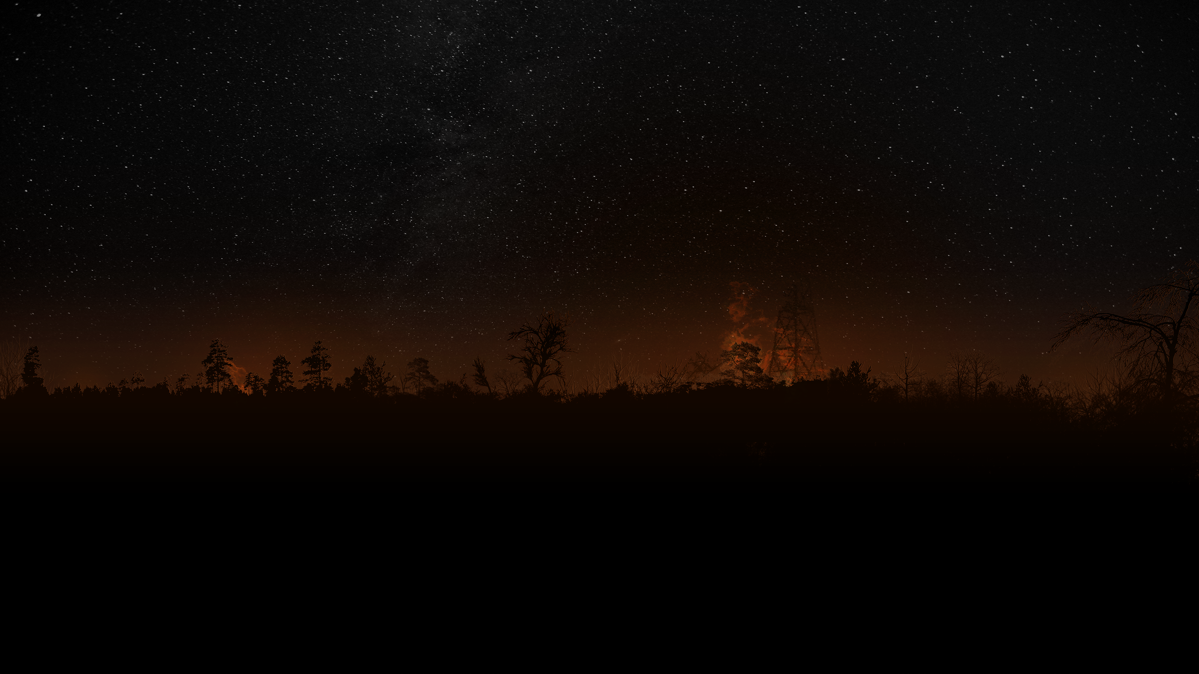Night sky over a silhouetted forest with distant lights HD Wallpaper