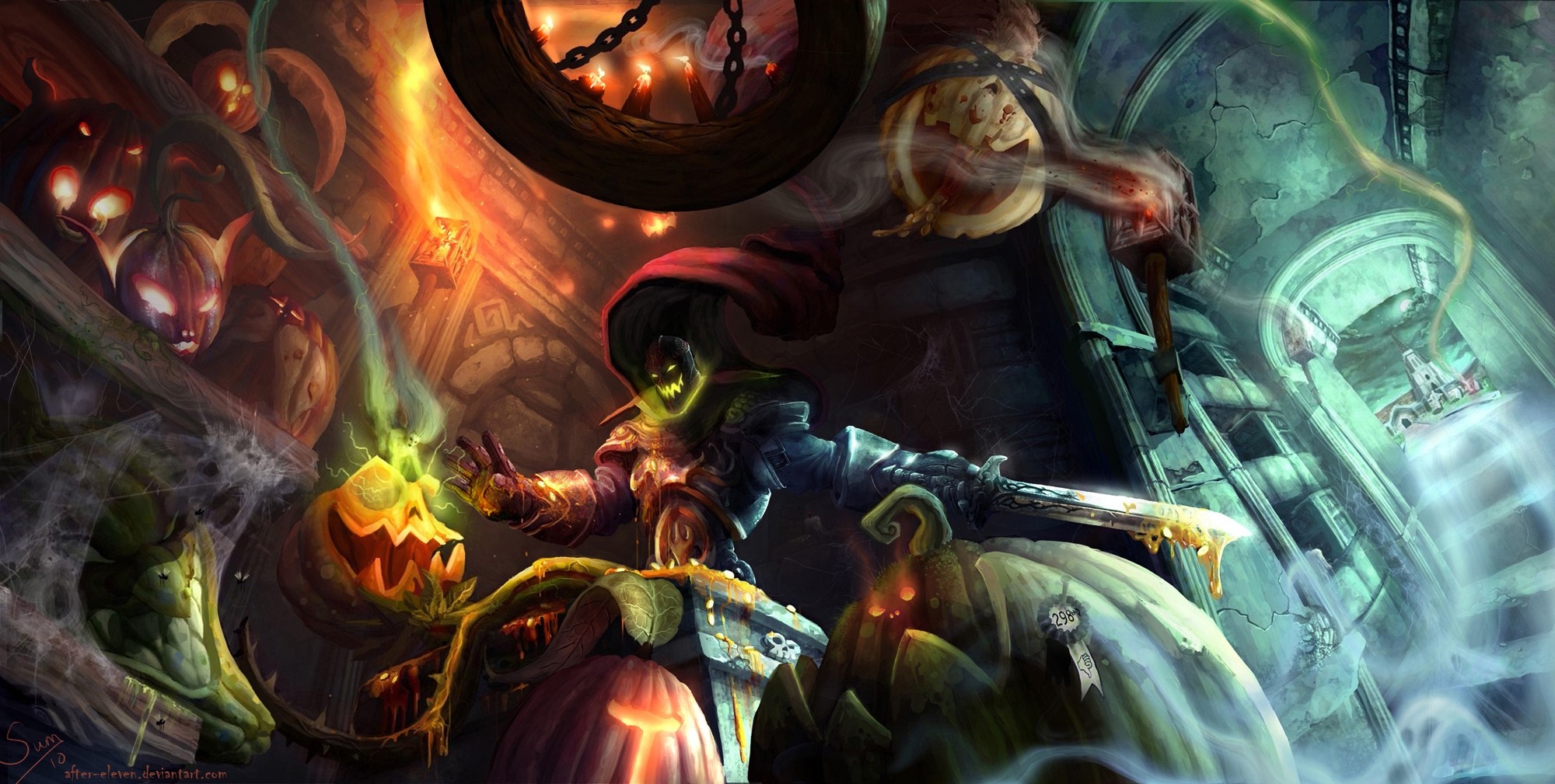 Halloween scene with a shadowy figure and jack-o'-lanterns HD Wallpaper