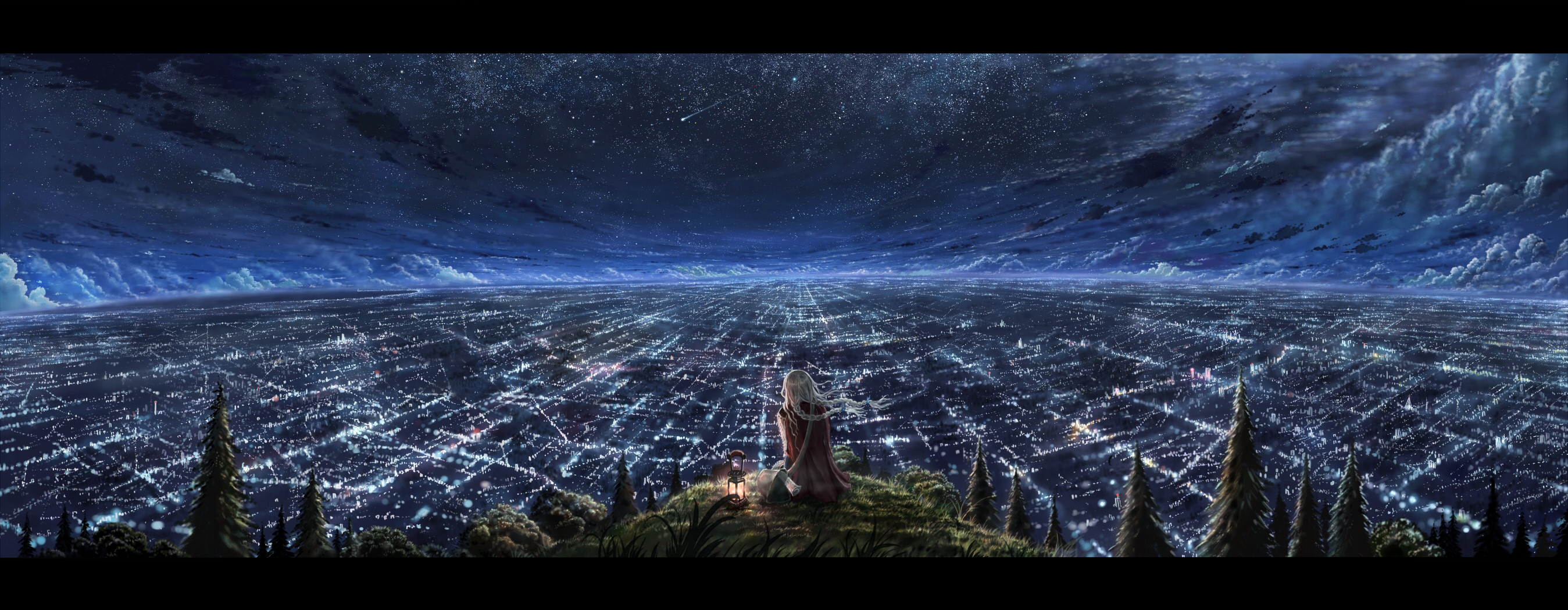 Girl and lantern overlooking a city at night under stars HD Wallpaper