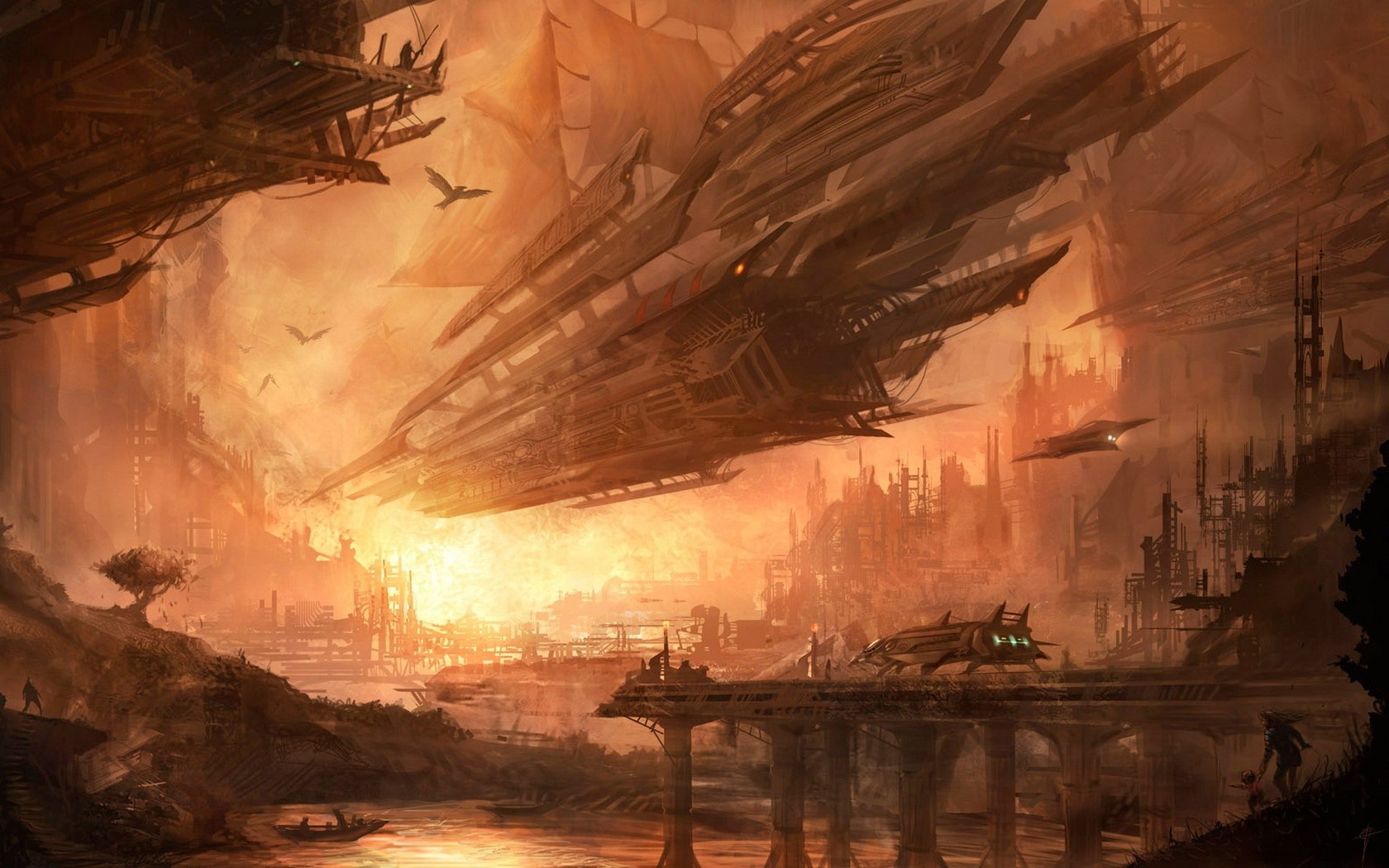 Fantasy art of a futuristic city with airships HD Wallpaper