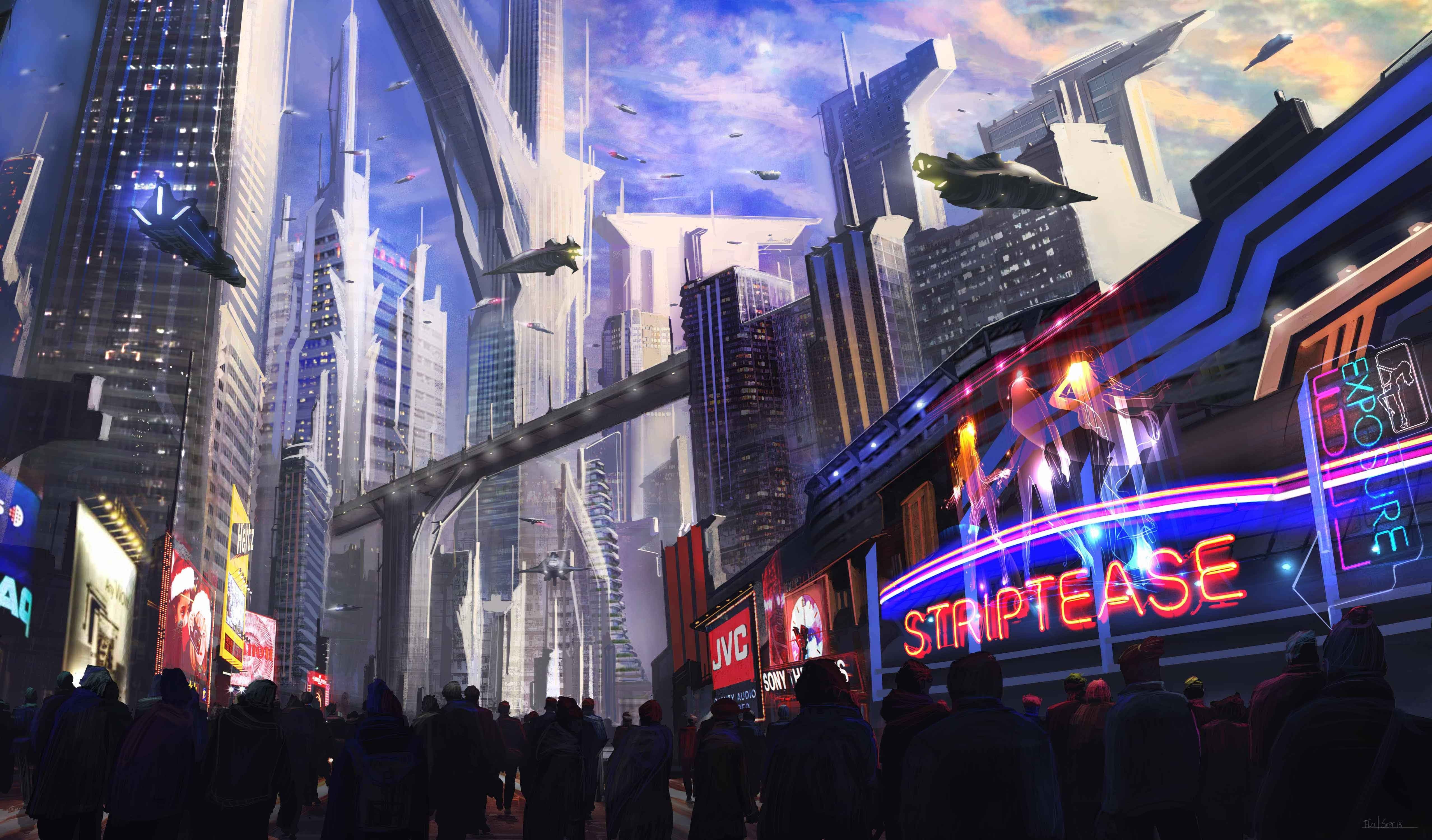 Futuristic cityscape with flying vehicles and neon signs HD Wallpaper