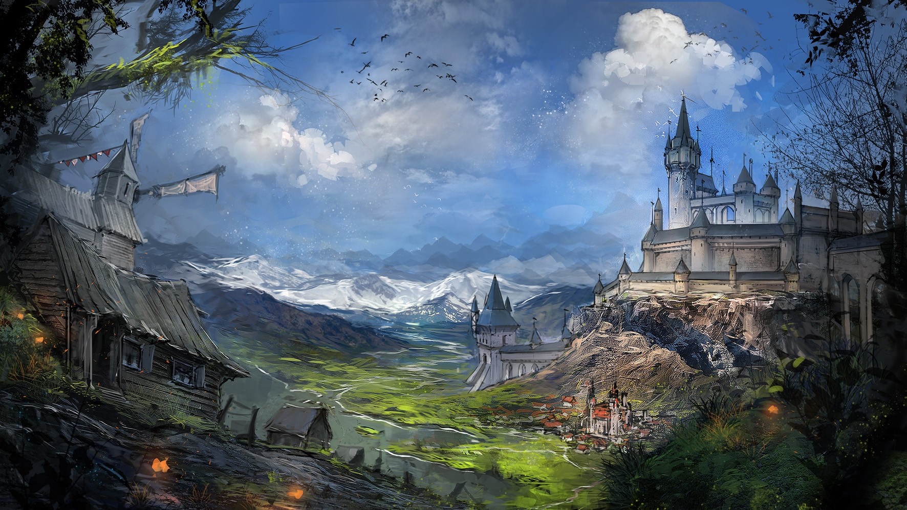 Fantasy landscape with a castle, town, and windmill HD Wallpaper
