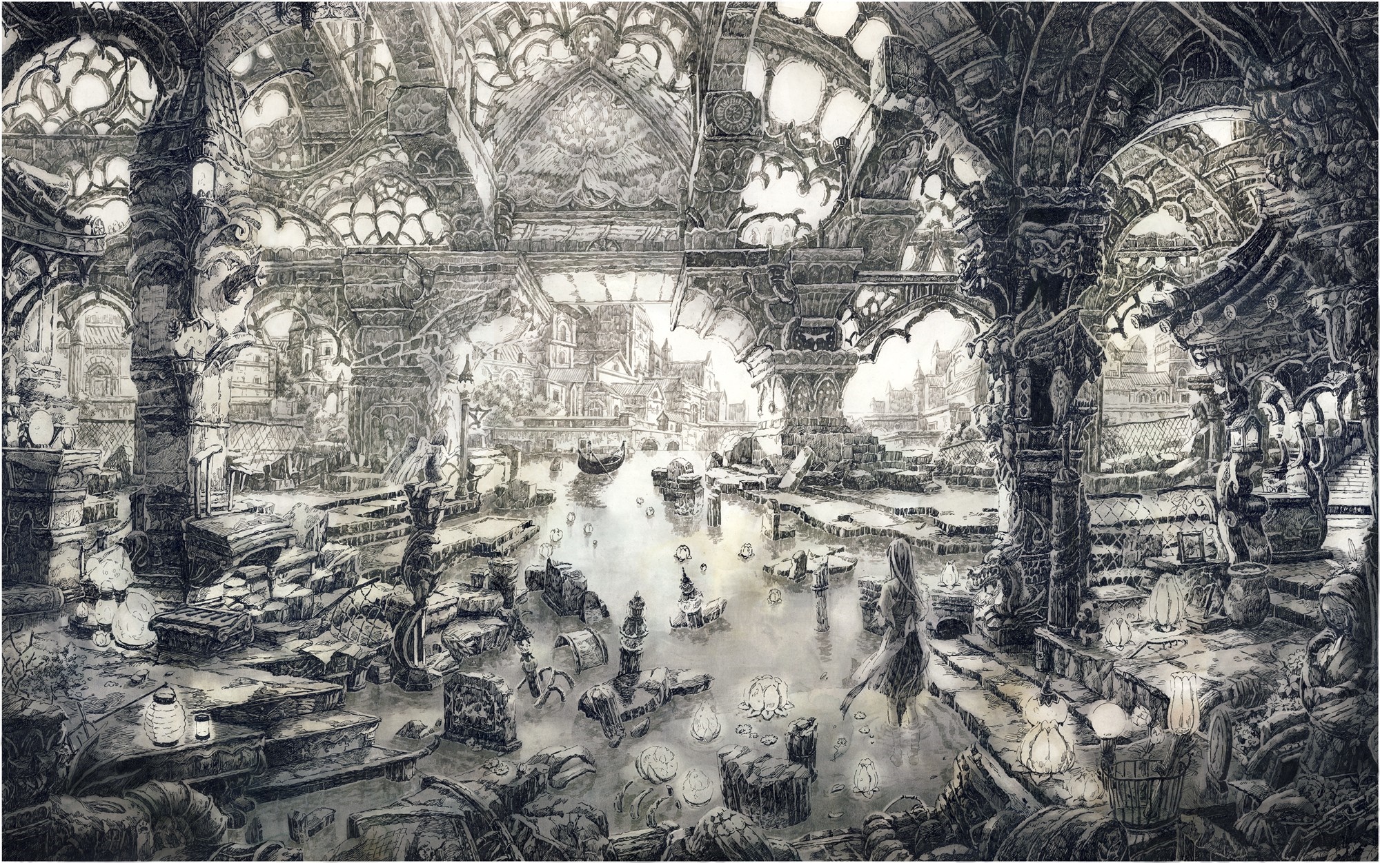Monochrome drawing of ancient ruins with canals and boats HD Wallpaper