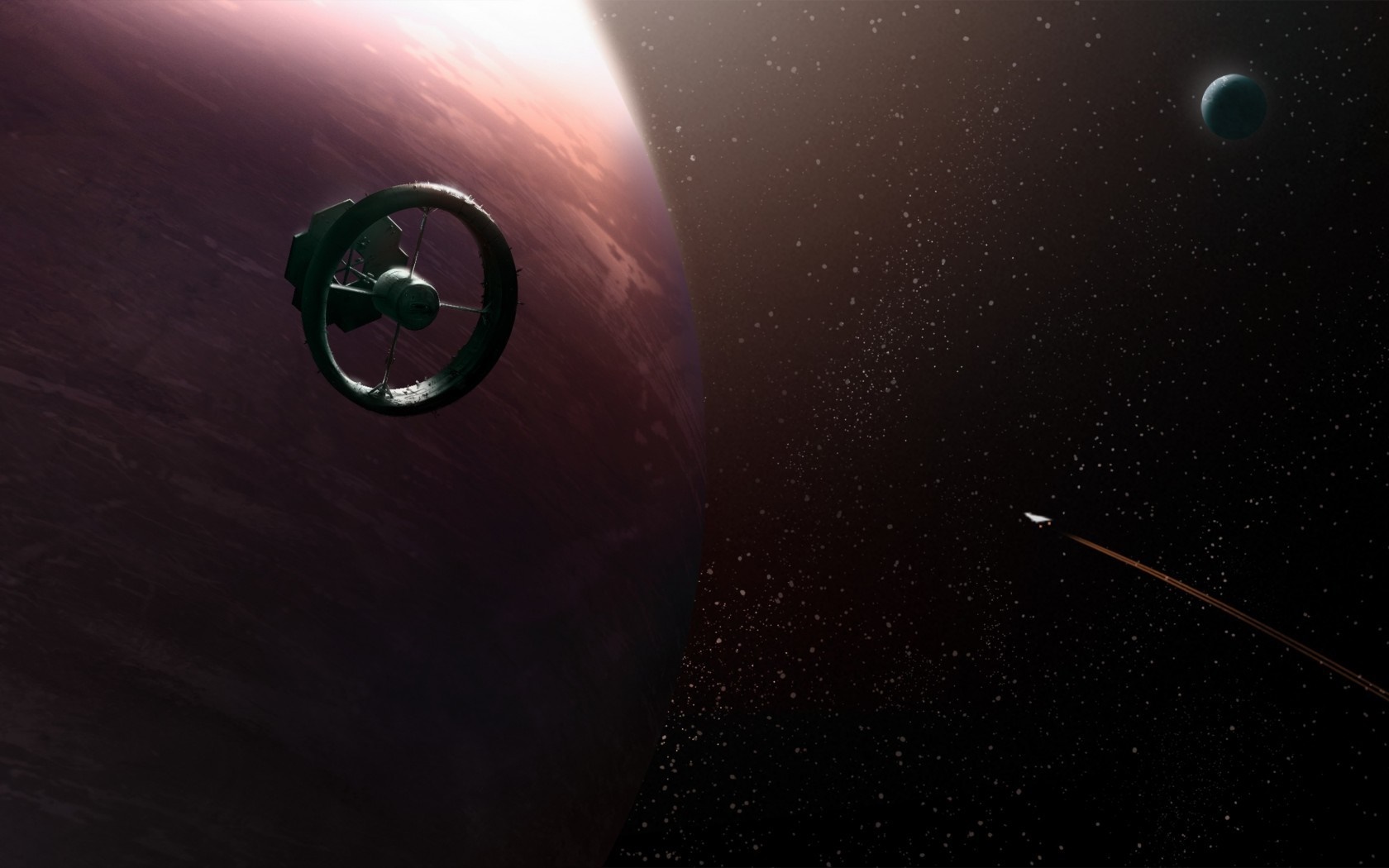 Space station orbiting a planet with a moon and spaceship HD Wallpaper