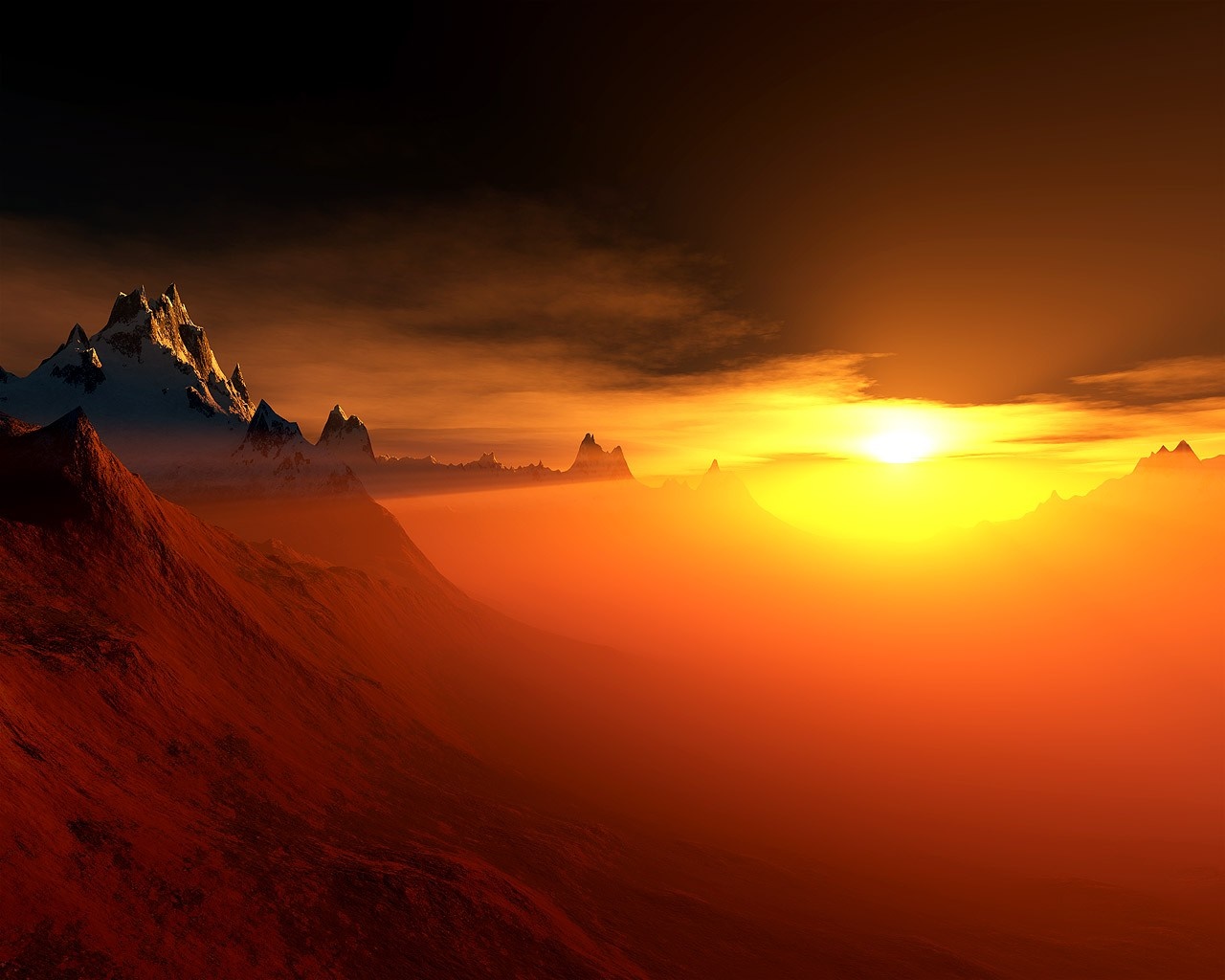 Mountain landscape at sunset with sun on the horizon HD Wallpaper