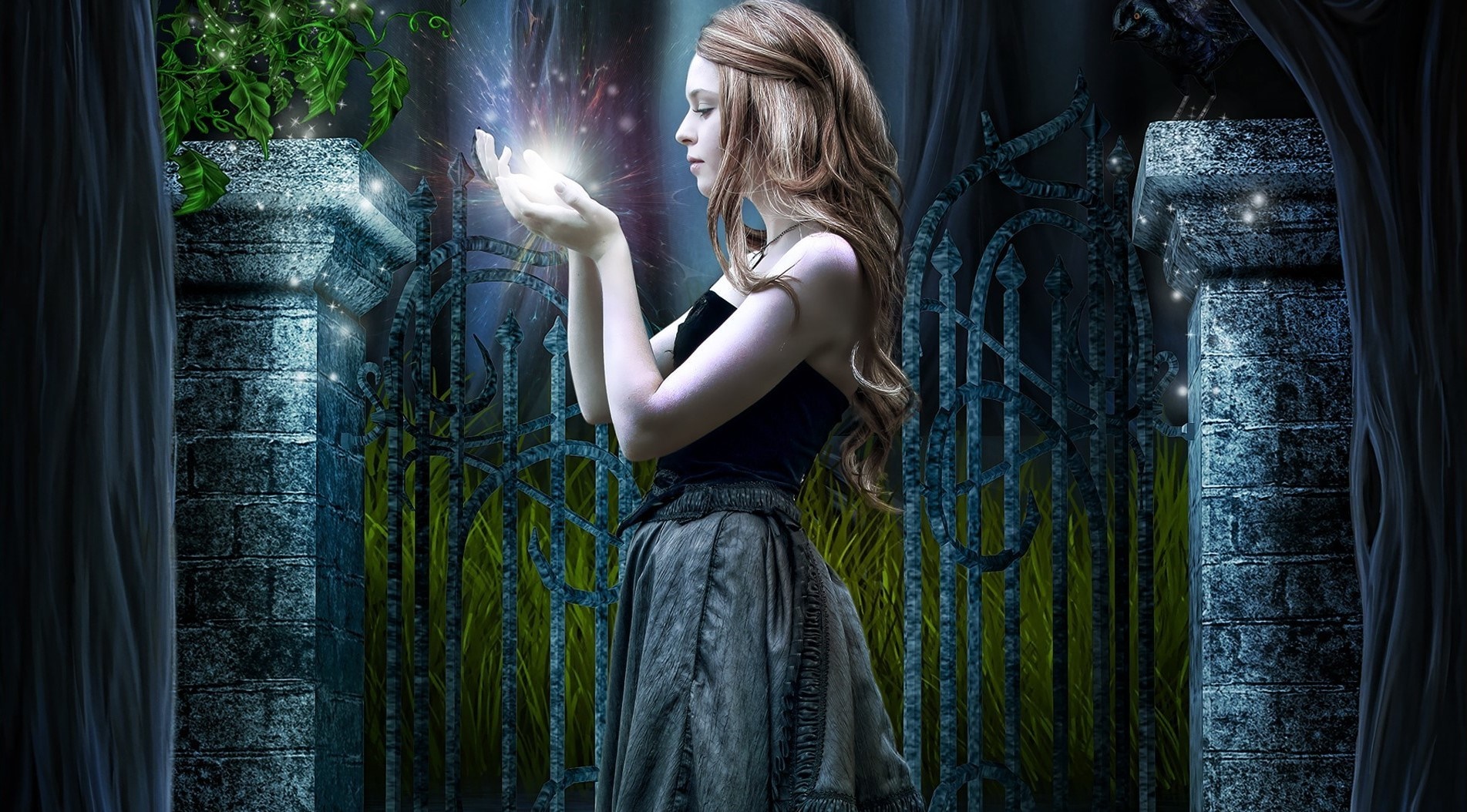 Girl holding magic light near gate HD Wallpaper