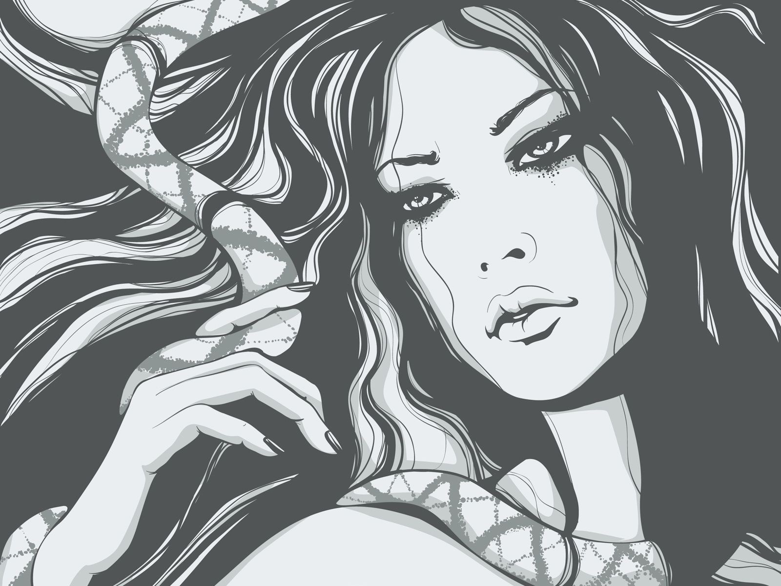 Monochrome illustration of a woman with a snake HD Wallpaper