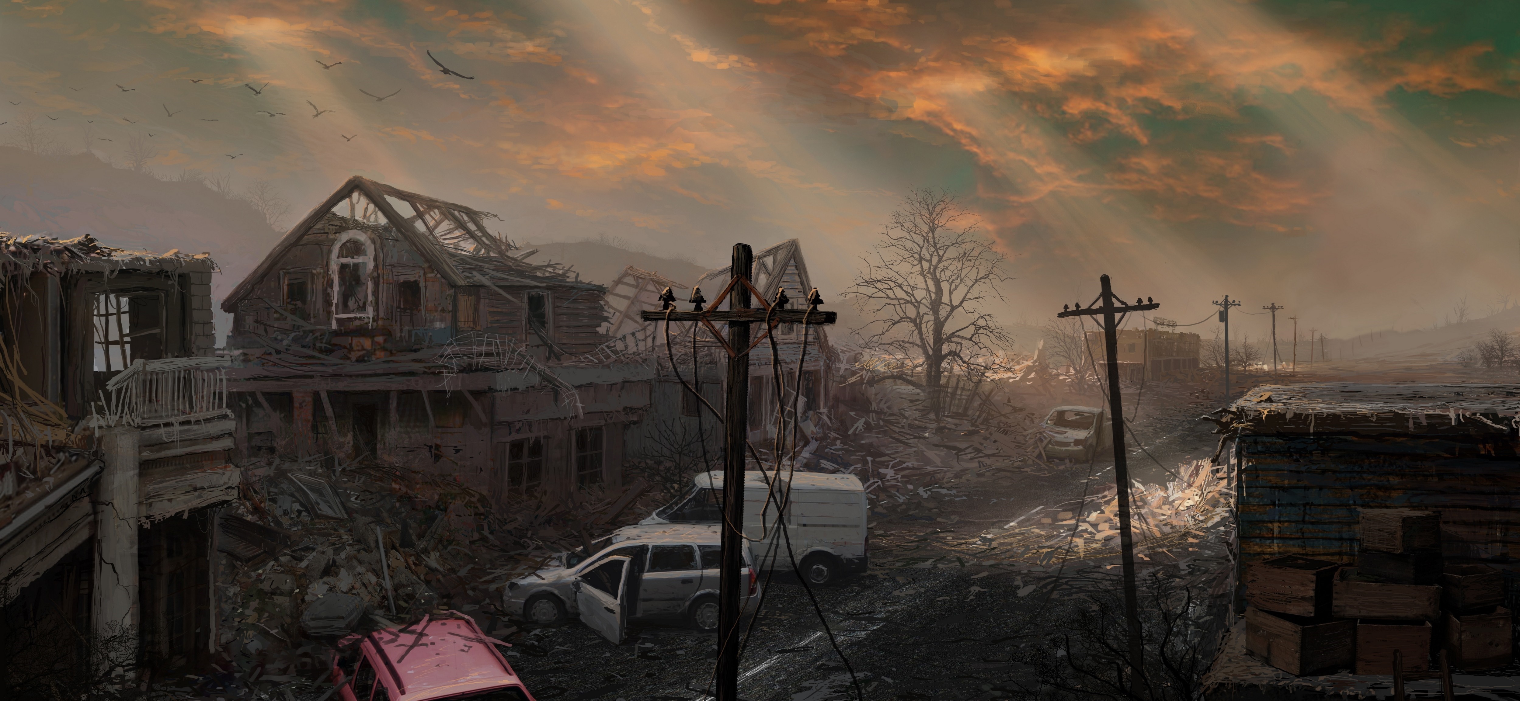 Apocalyptic cityscape at dusk with ruined buildings and cars HD Wallpaper