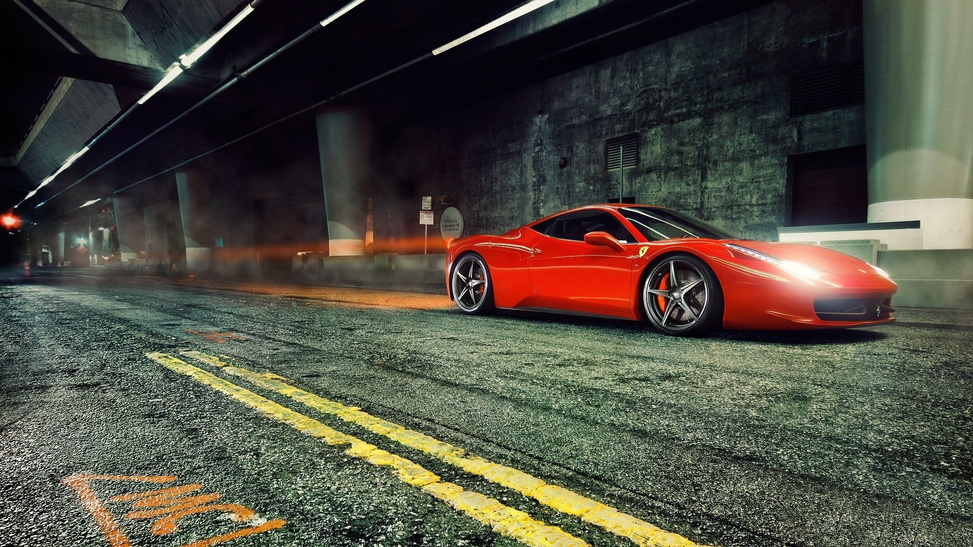 Red Ferrari 458 Italia in a tunnel HD Wallpaper