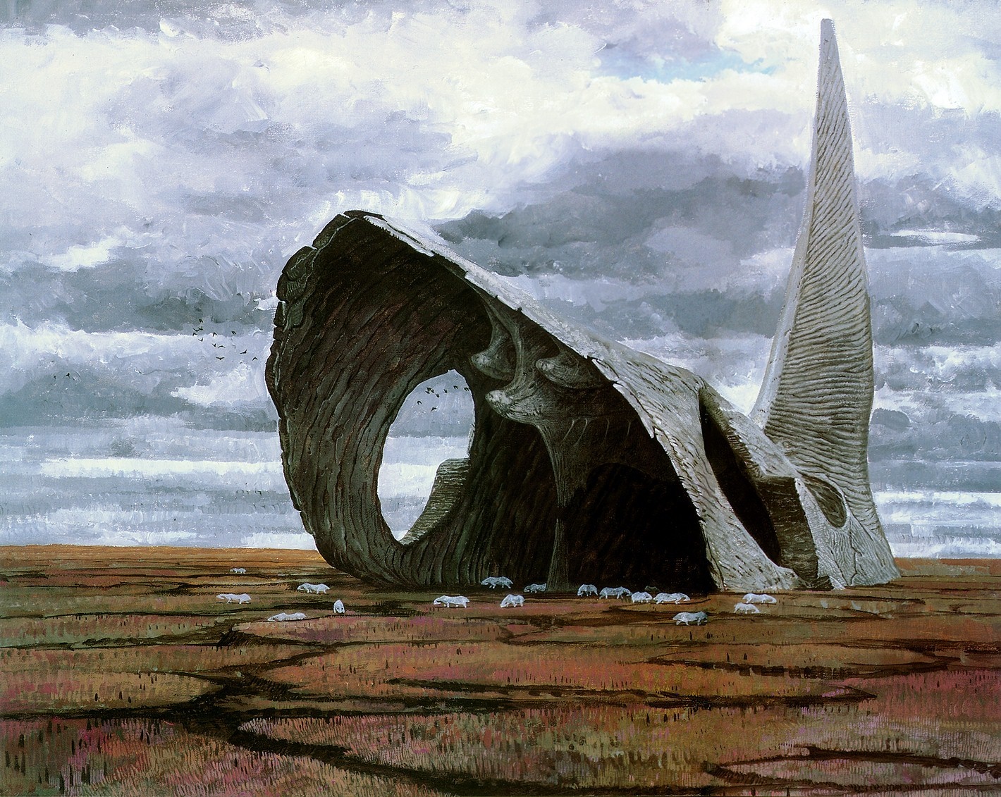 Giant skull sculpture in a barren landscape with sheep HD Wallpaper