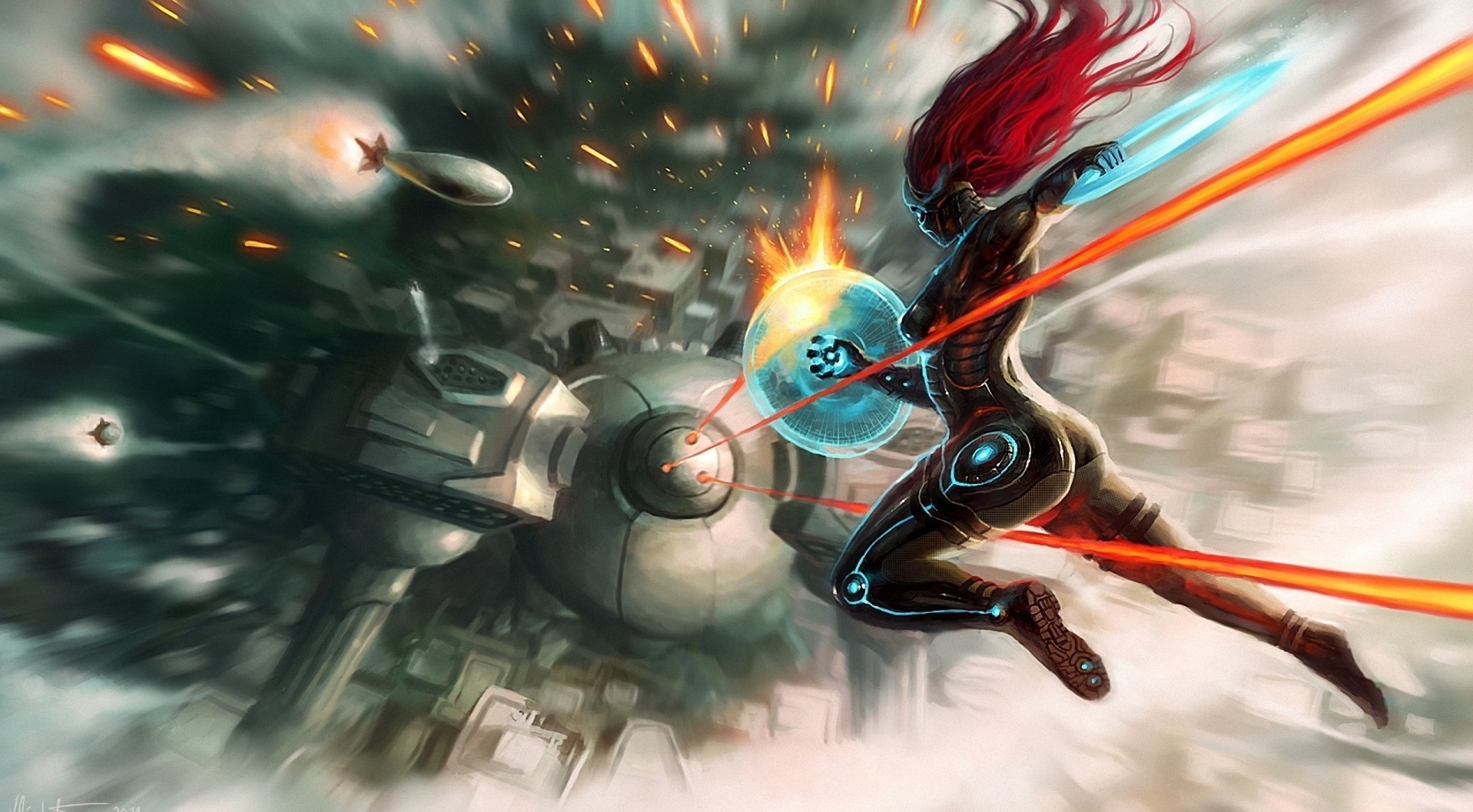 Anime artwork of a cyborg woman fighting a mecha HD Wallpaper