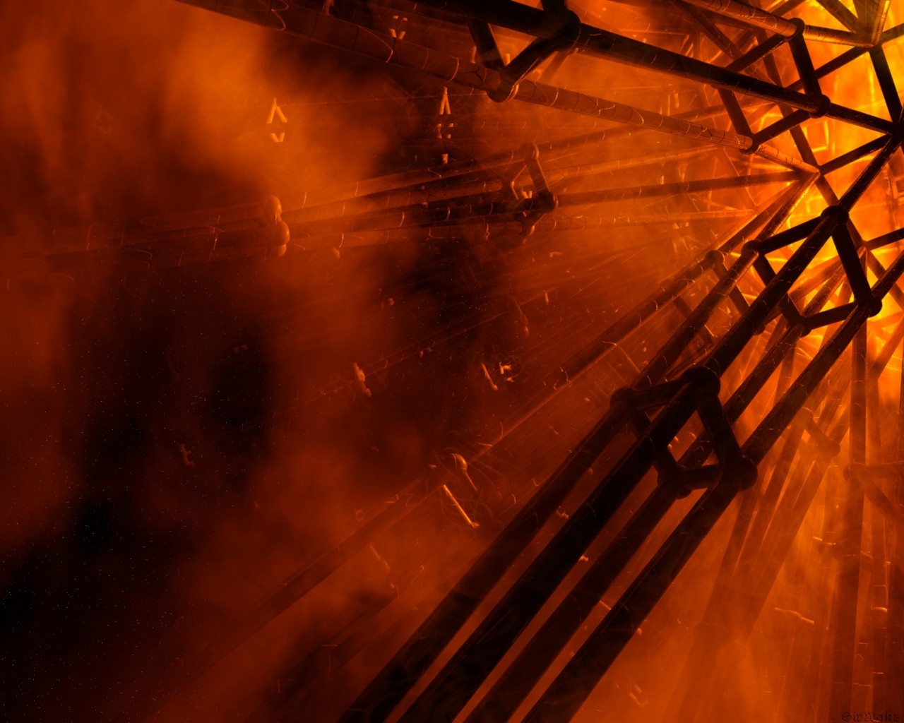 Abstract geometric structure with orange light and smoke HD Wallpaper
