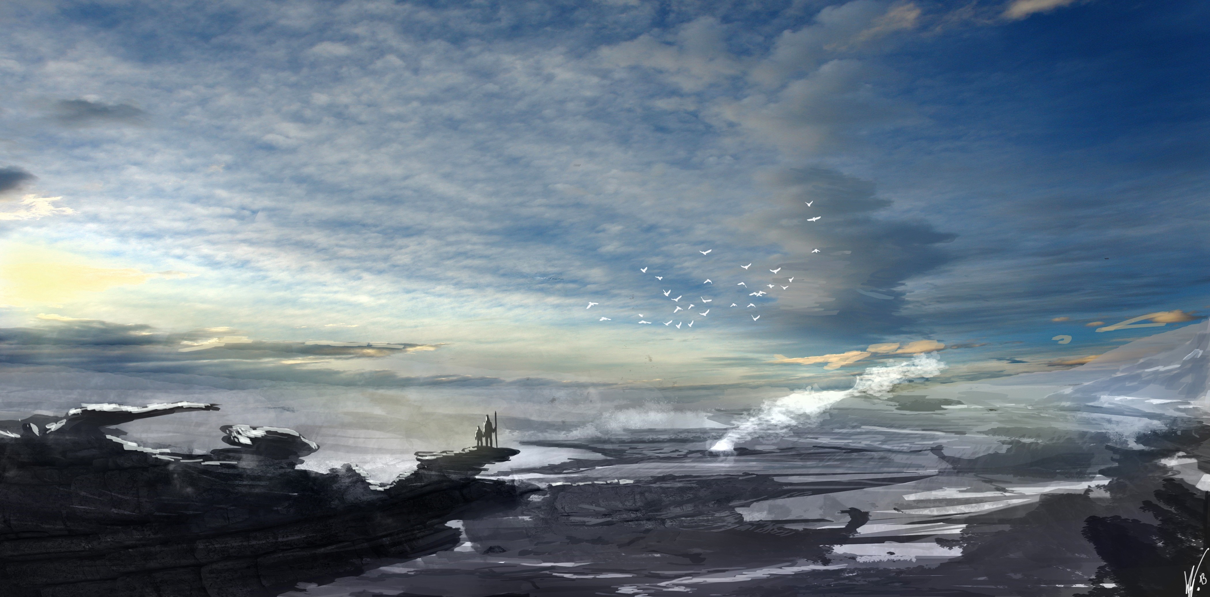 Two figures stand on a rocky outcrop overlooking a misty landscape with birds flying in the sky. HD Wallpaper