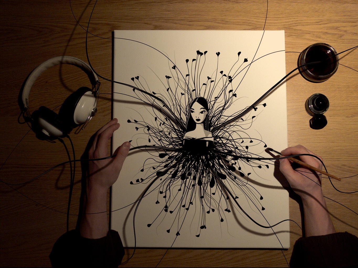 Artist painting a woman with ink and headphones HD Wallpaper